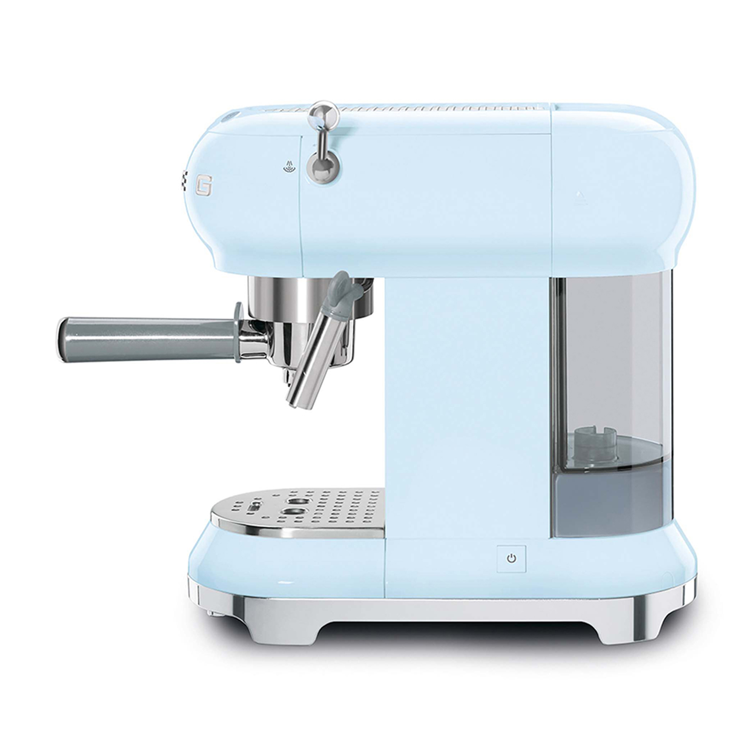 Una macchina per caffè espresso SMEG azzurra, vista laterale. La macchina ha un portafiltro argentato.