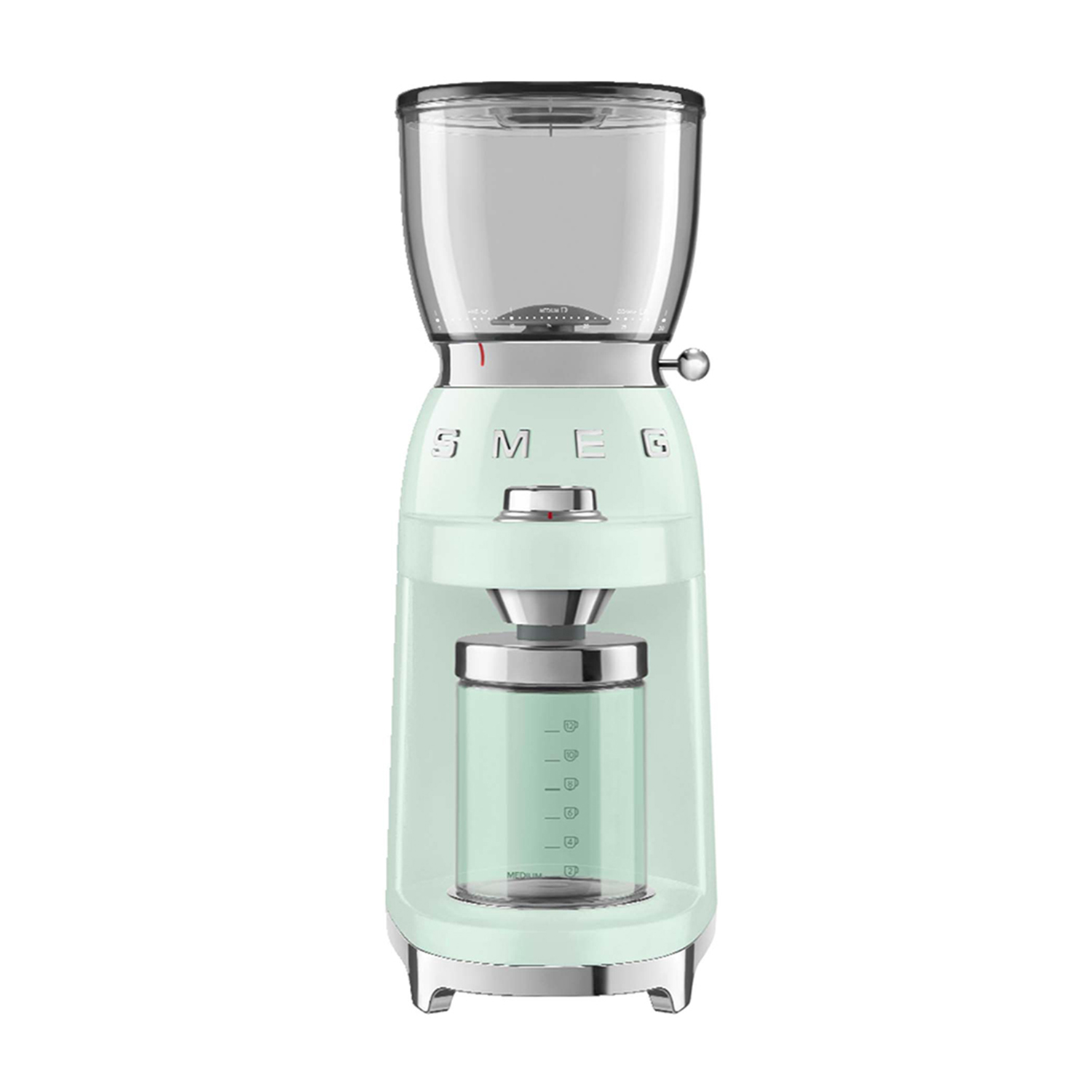 Macinacaffè verde menta con contenitore in vetro e logo SMEG.