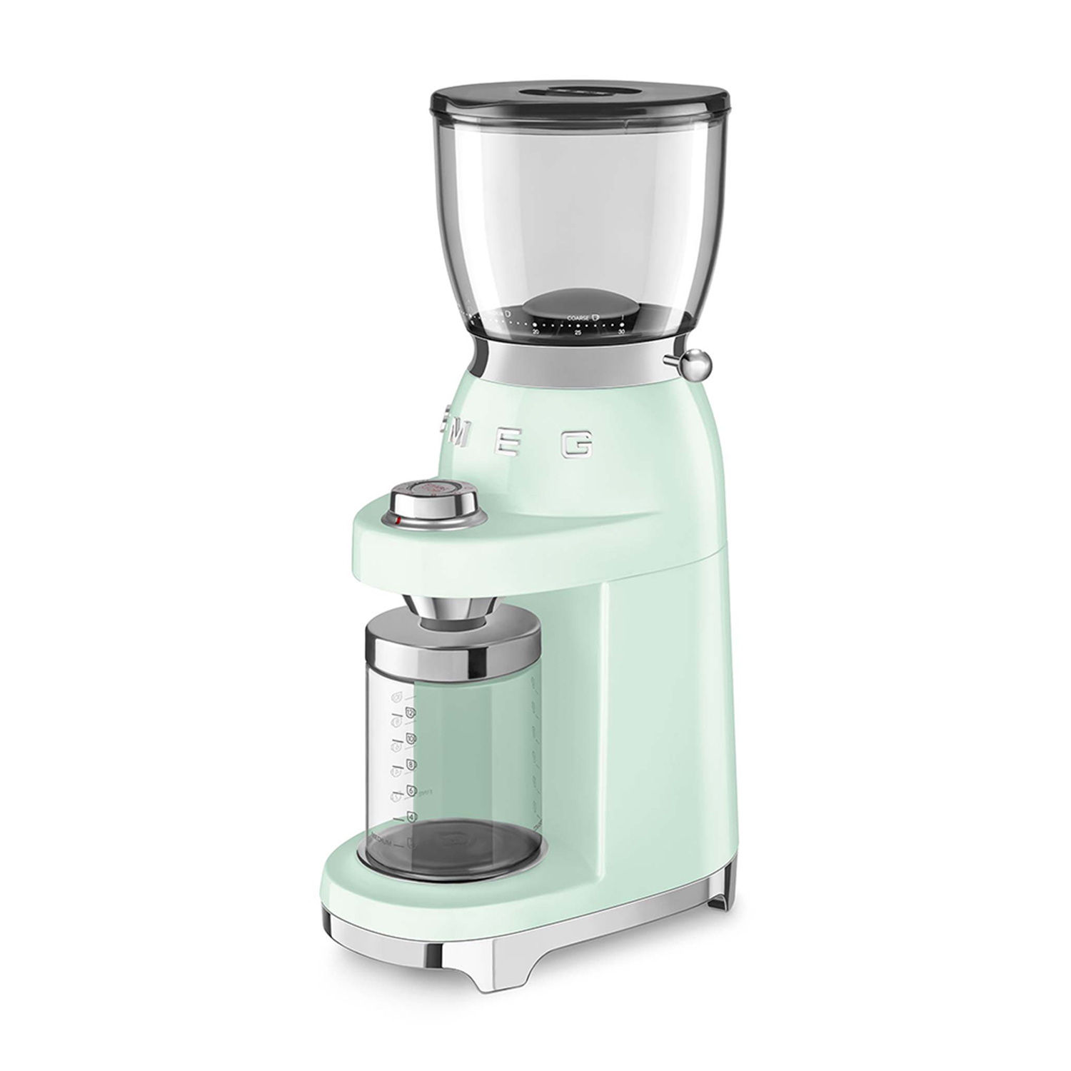 Un macinacaffè SMEG verde menta su sfondo bianco.