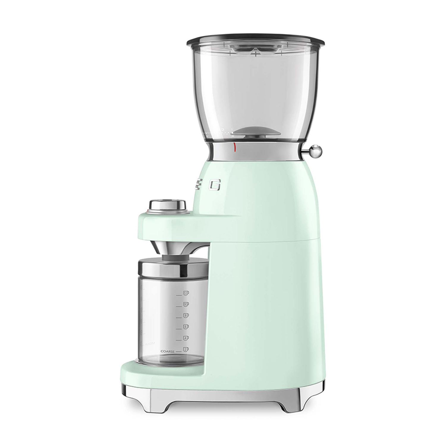 Un macinacaffè verde menta con un contenitore trasparente per chicchi e un barattolo di vetro per caffè macinato.