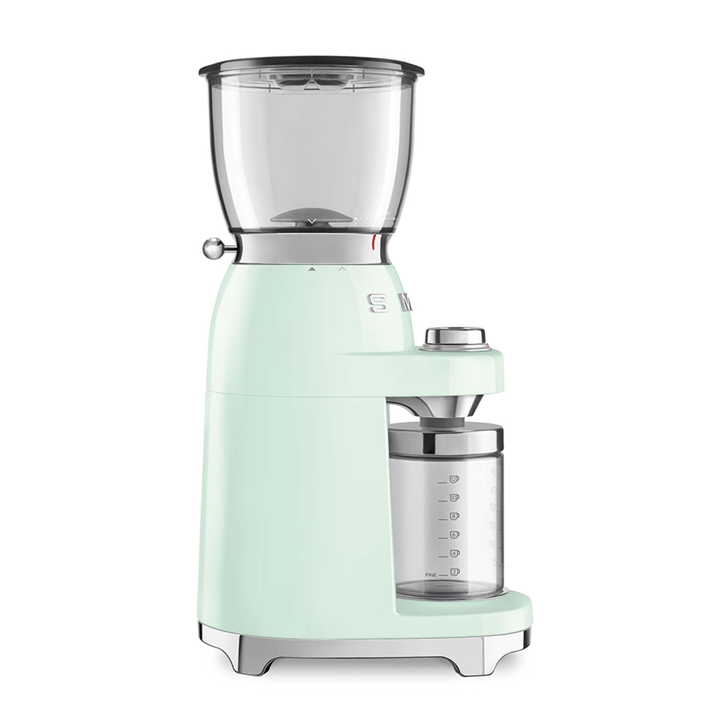 Macinacaffè verde menta con contenitore trasparente e barattolo.