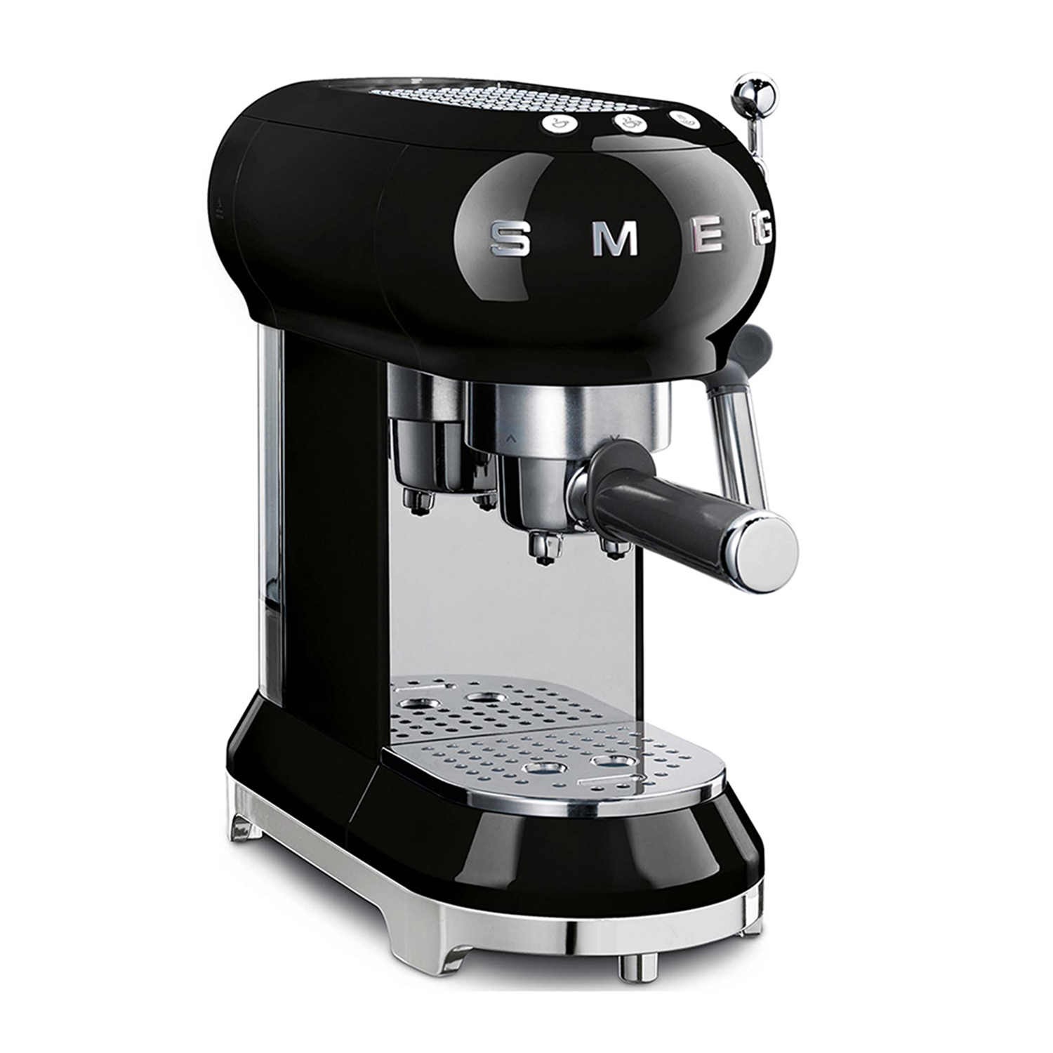 Macchina per espresso Smeg nera, con dettagli cromati, su sfondo bianco. Presenta un design retrò.