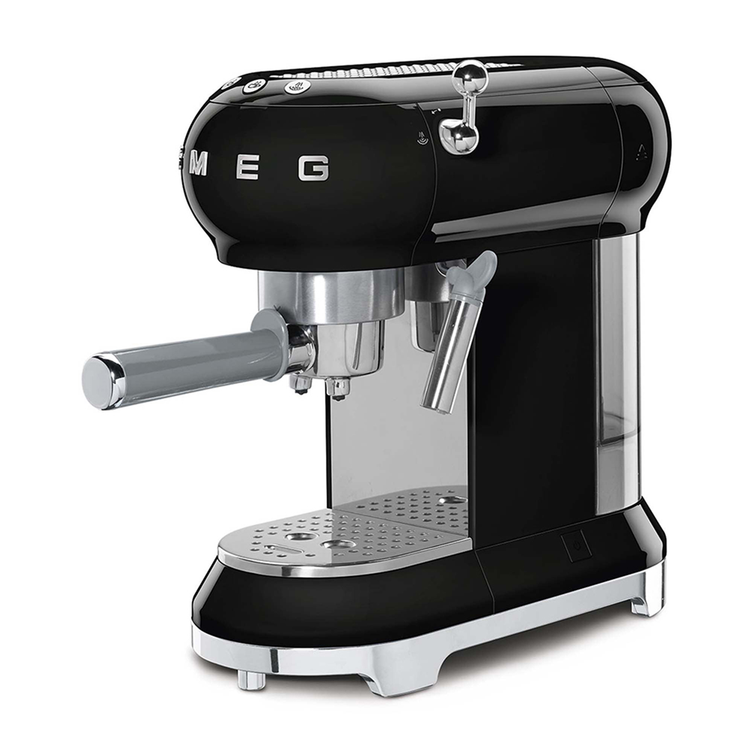 Macchina per espresso SMEG nera con dettagli cromati su sfondo bianco.