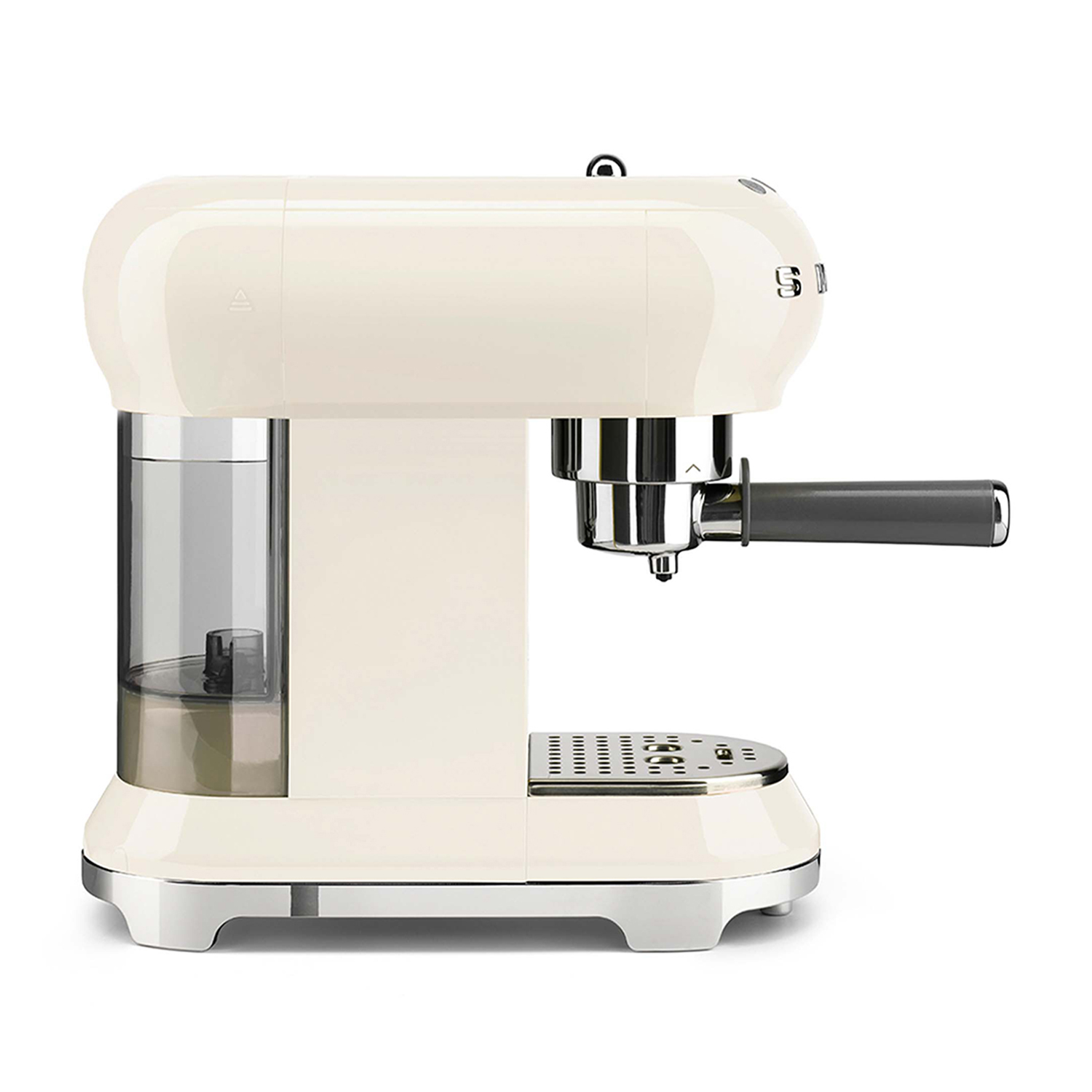 Macchina per espresso bianco sporco con serbatoio dell'acqua e manico.