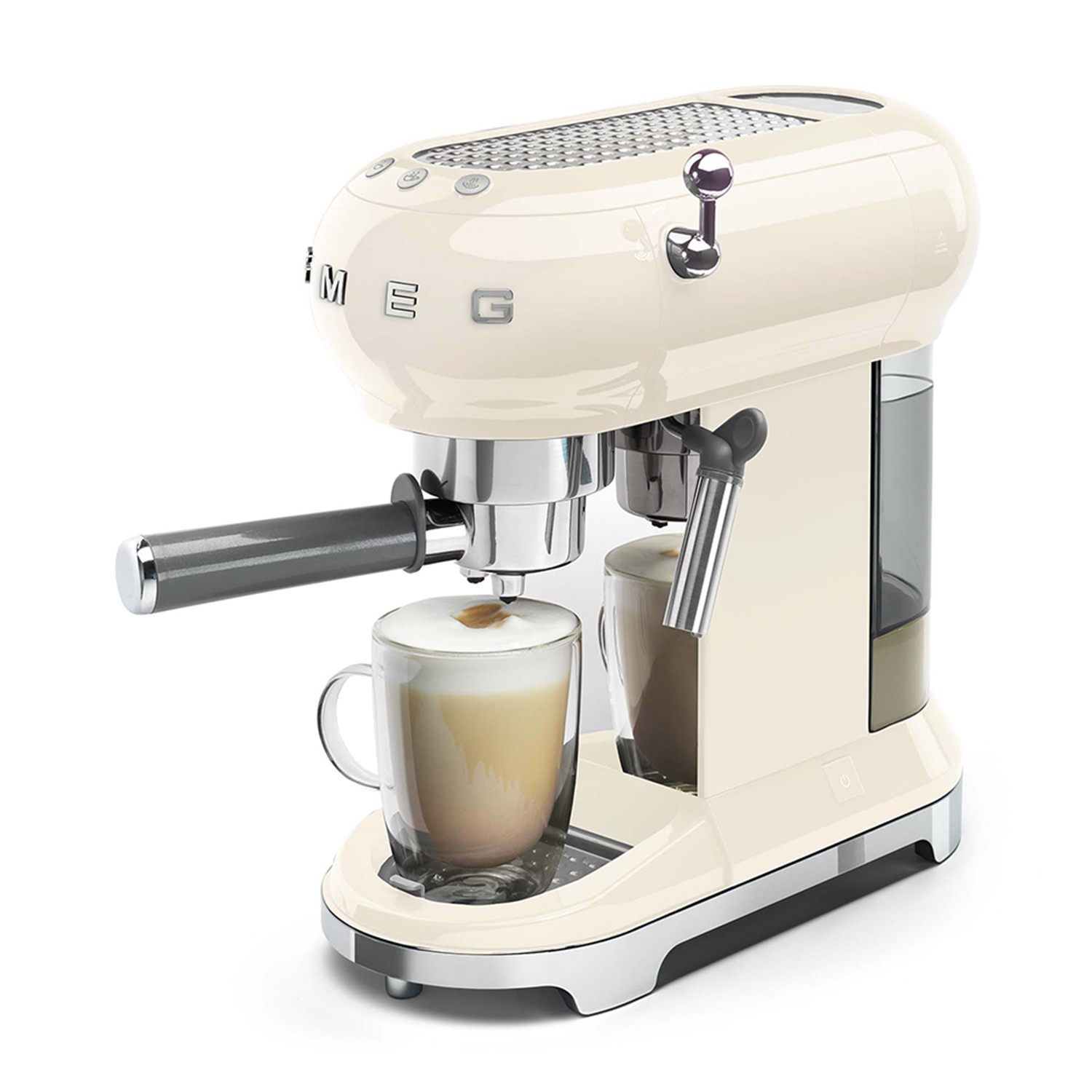 Macchina per espresso SMEG color crema. Con portafiltro, due bicchieri e un serbatoio dell'acqua.