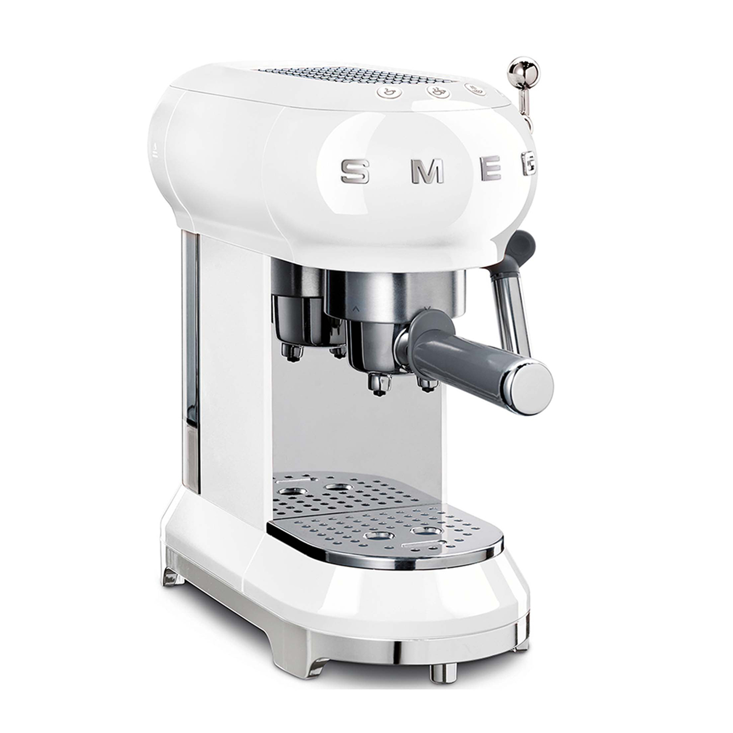 Macchina da caffè espresso SMEG bianca. Ha un portafiltro argentato e una leva grigia. Il design è retrò.