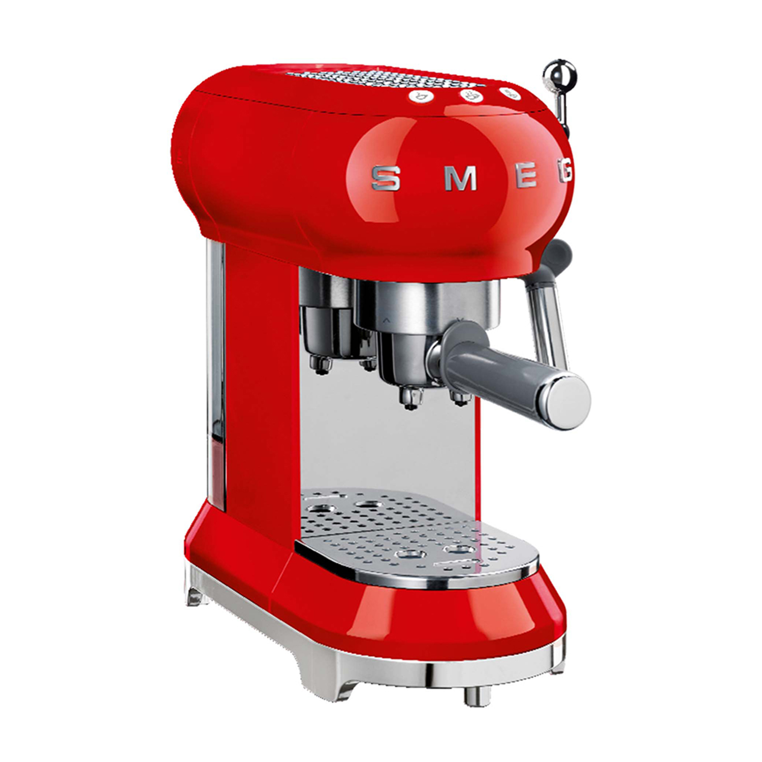 Macchina per espresso SMEG rossa, dettagli cromati, isolata su sfondo bianco.