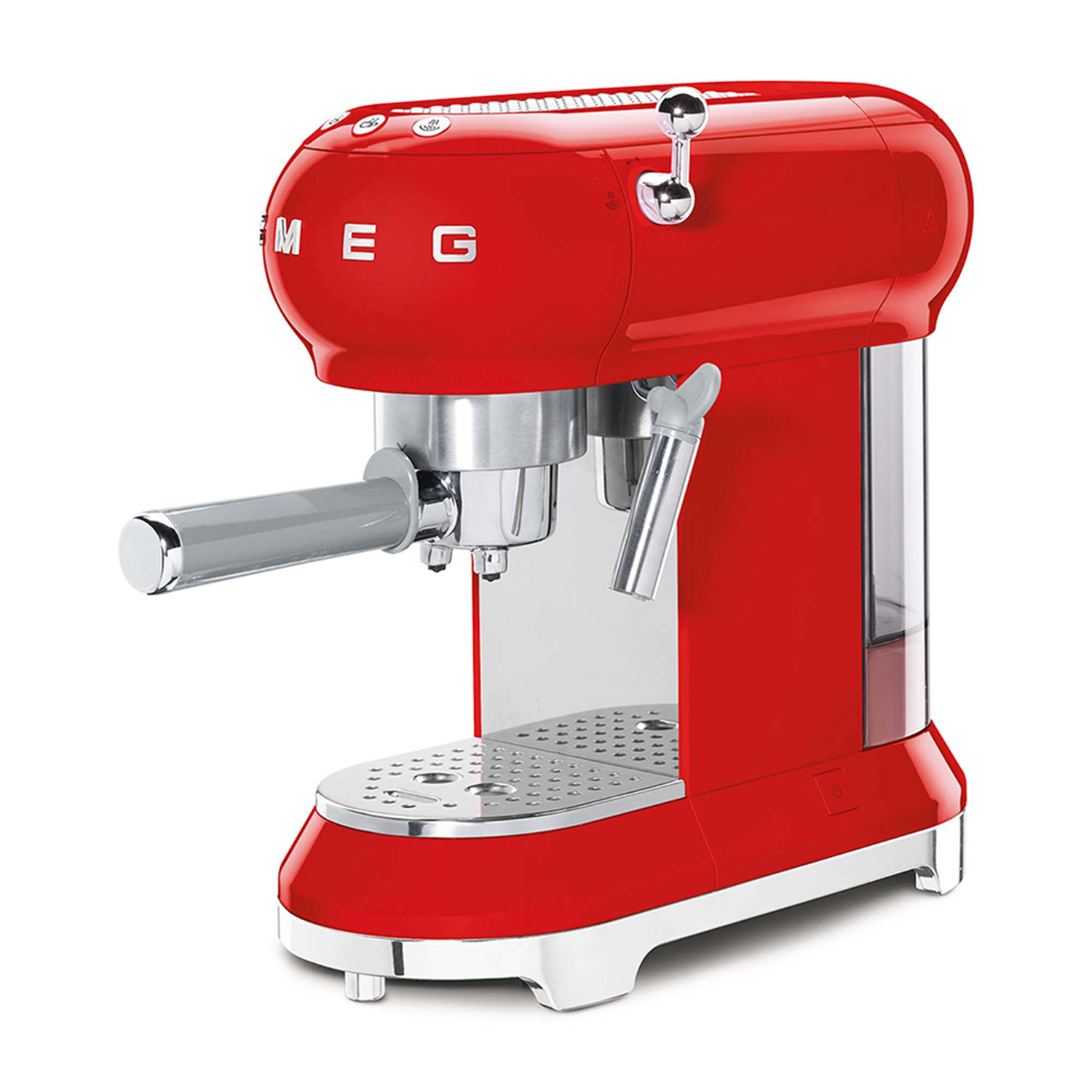 Macchina per espresso Smeg rossa su sfondo bianco, con dettagli argentati.