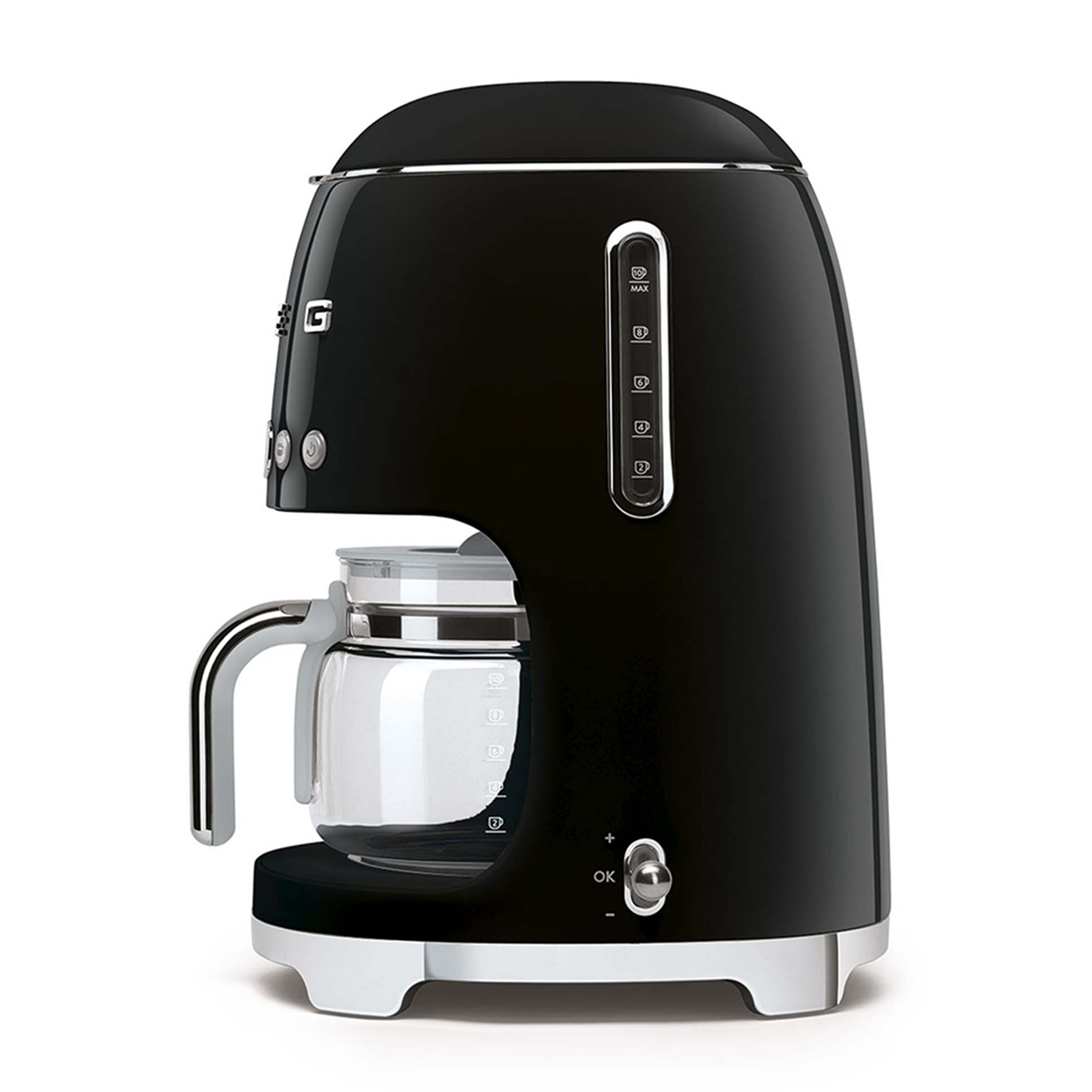 Caffettiera Smeg nera con caraffa in vetro. Base e dettagli cromati.