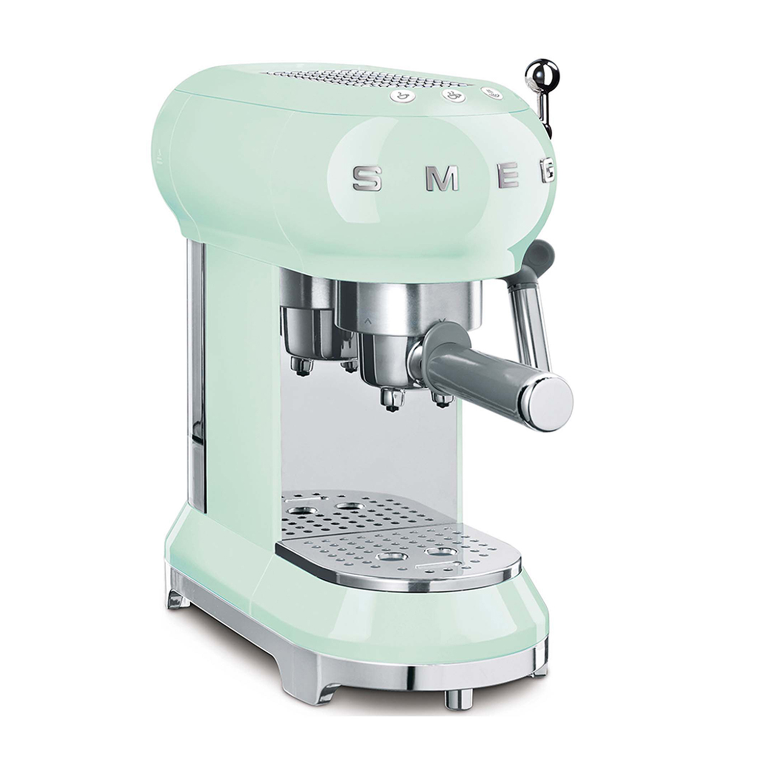 Macchina per espresso Smeg verde menta. Ha una maniglia cromata e un vassoio per l'acqua.