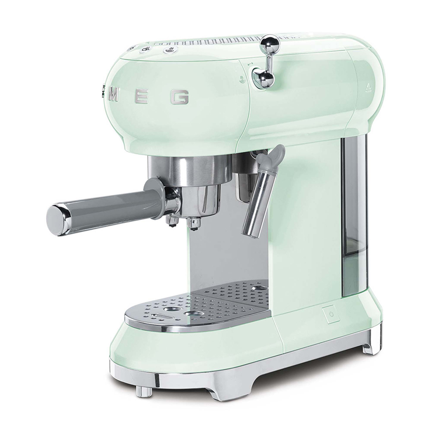 Macchina da caffè SMEG verde menta, dettagli cromati, sfondo bianco.