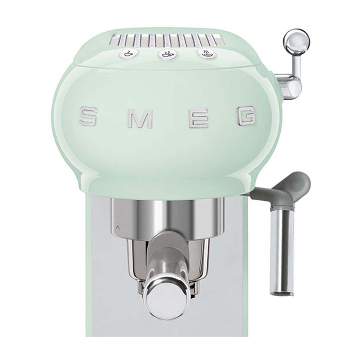 Una macchina per espresso SMEG verde menta, che mostra la parte superiore con i comandi e la parte anteriore con il portafiltro.