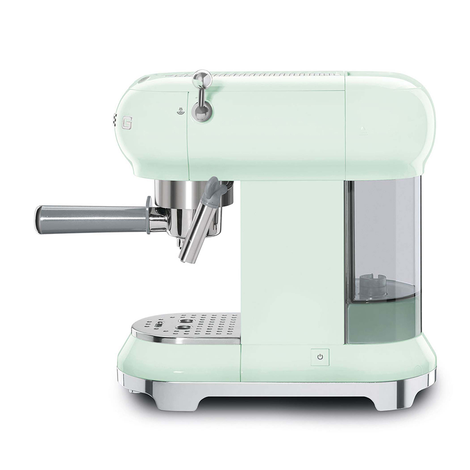 Macchina per espresso verde menta. Il serbatoio dell'acqua è trasparente. Il design è retrò.