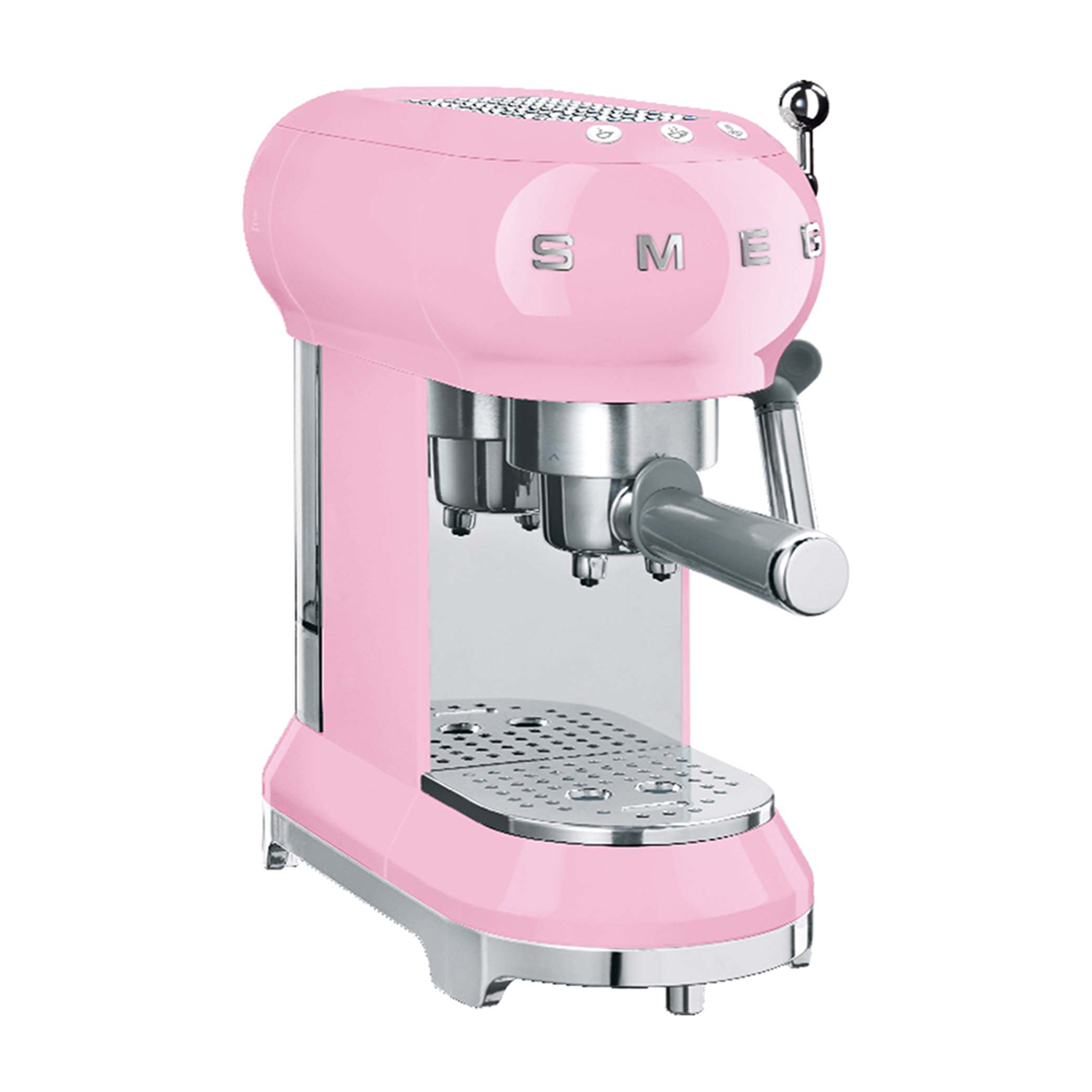 Macchina per caffè espresso SMEG rosa, vista frontale. Dettagli metallici lucidi, sfondo bianco.