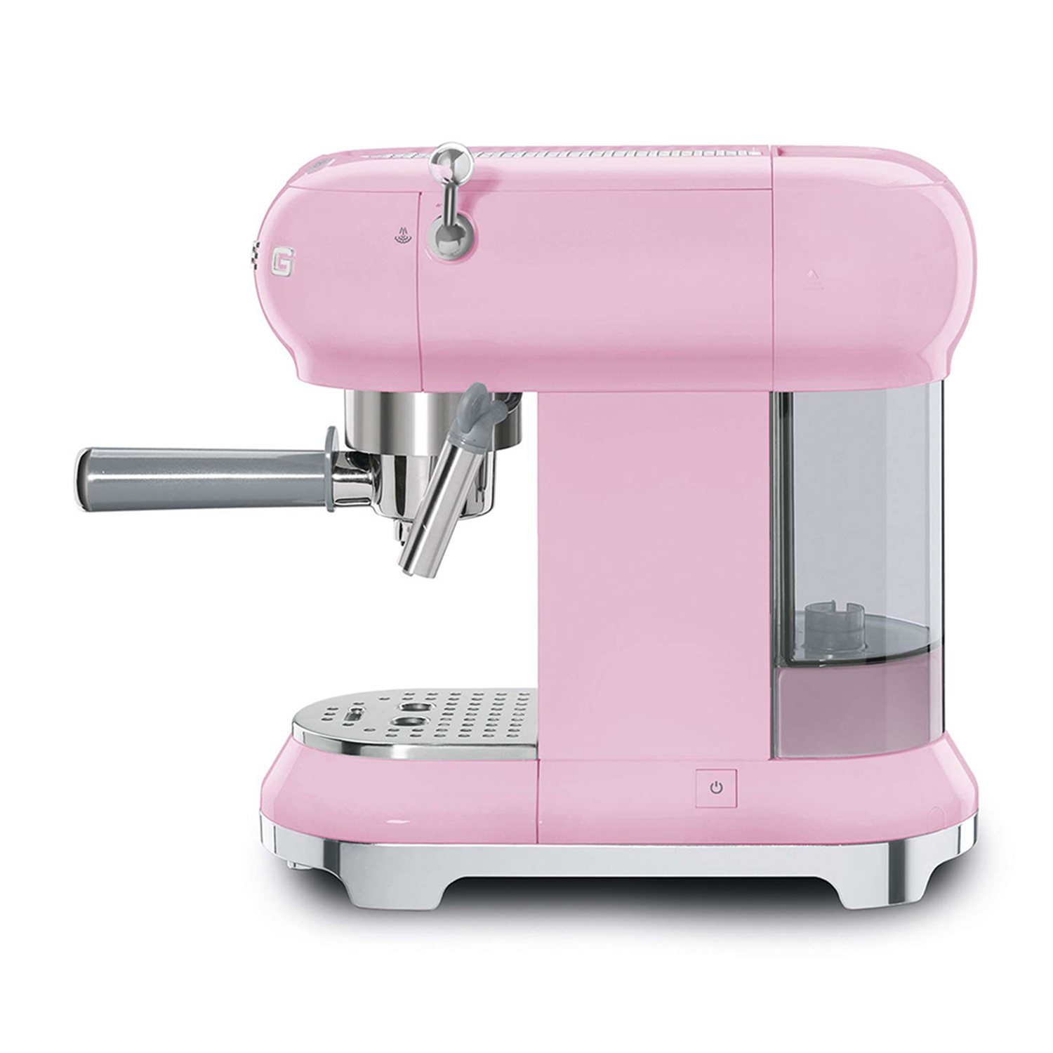 Macchina da caffè SMEG rosa, dettagli cromati, sfondo bianco.