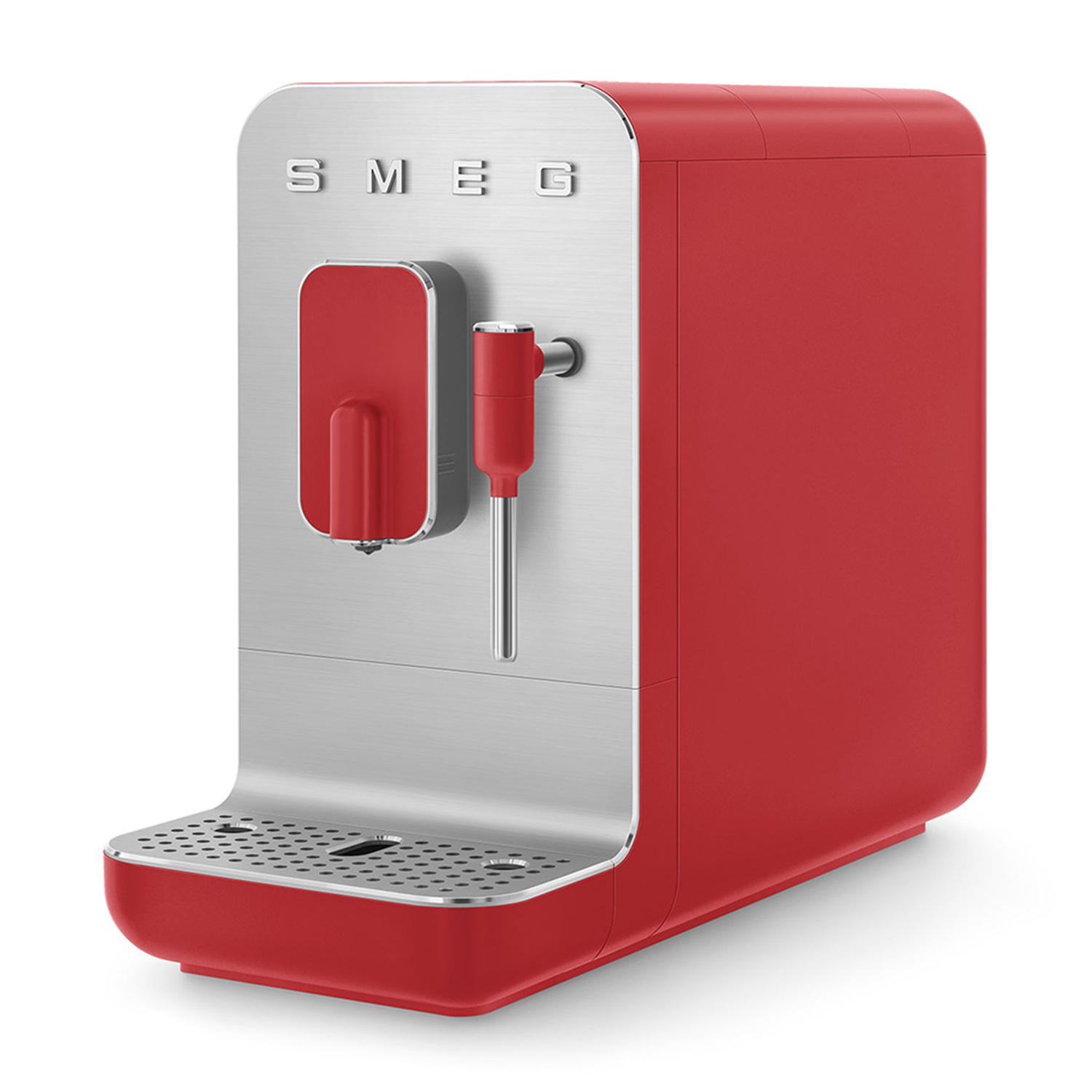Macchina per espresso SMEG rossa con frontale argentato. Elettrodomestico retrò su superficie bianca.