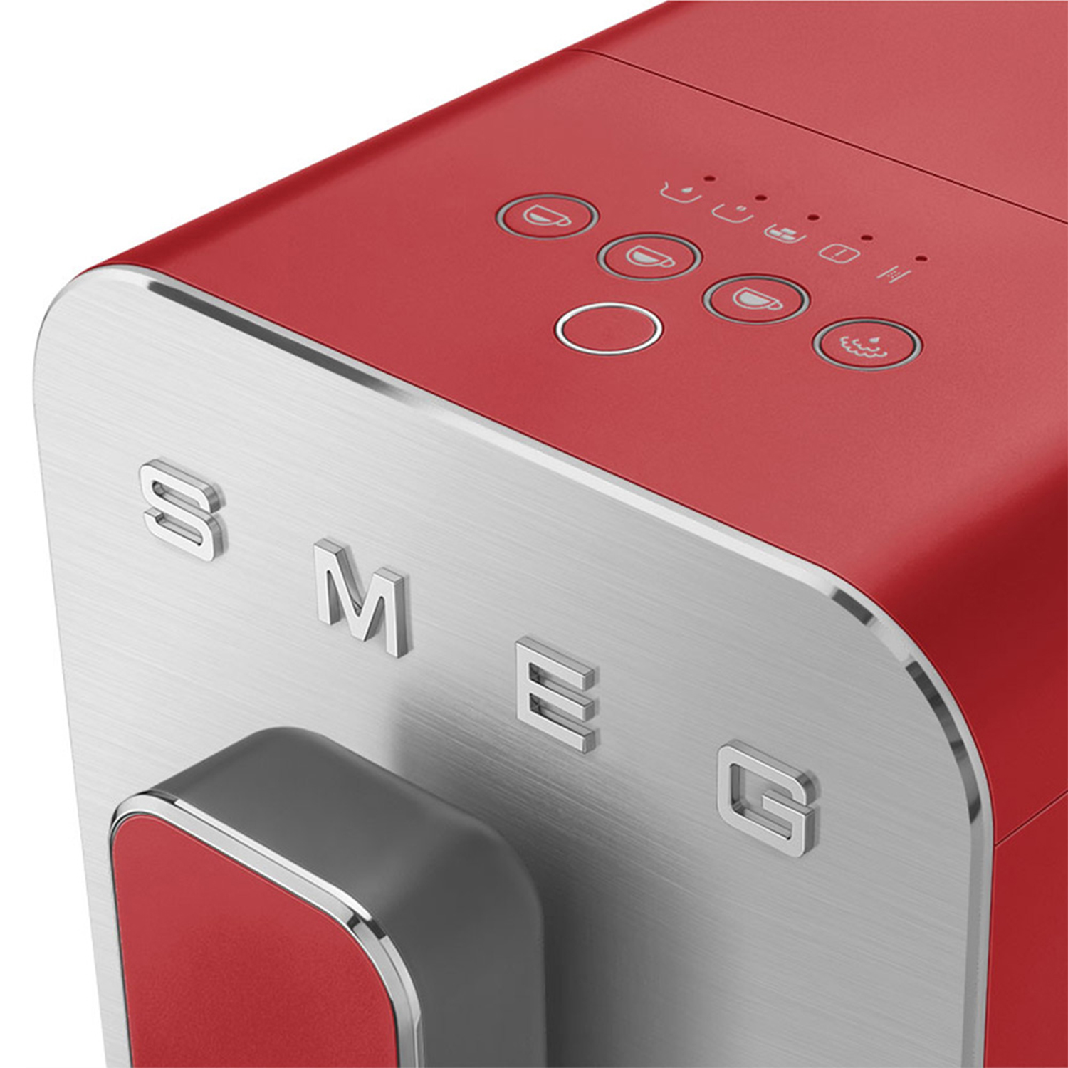 Macchina da caffè SMEG rossa. Accenti e pulsanti argentati. Il marchio è visibile.