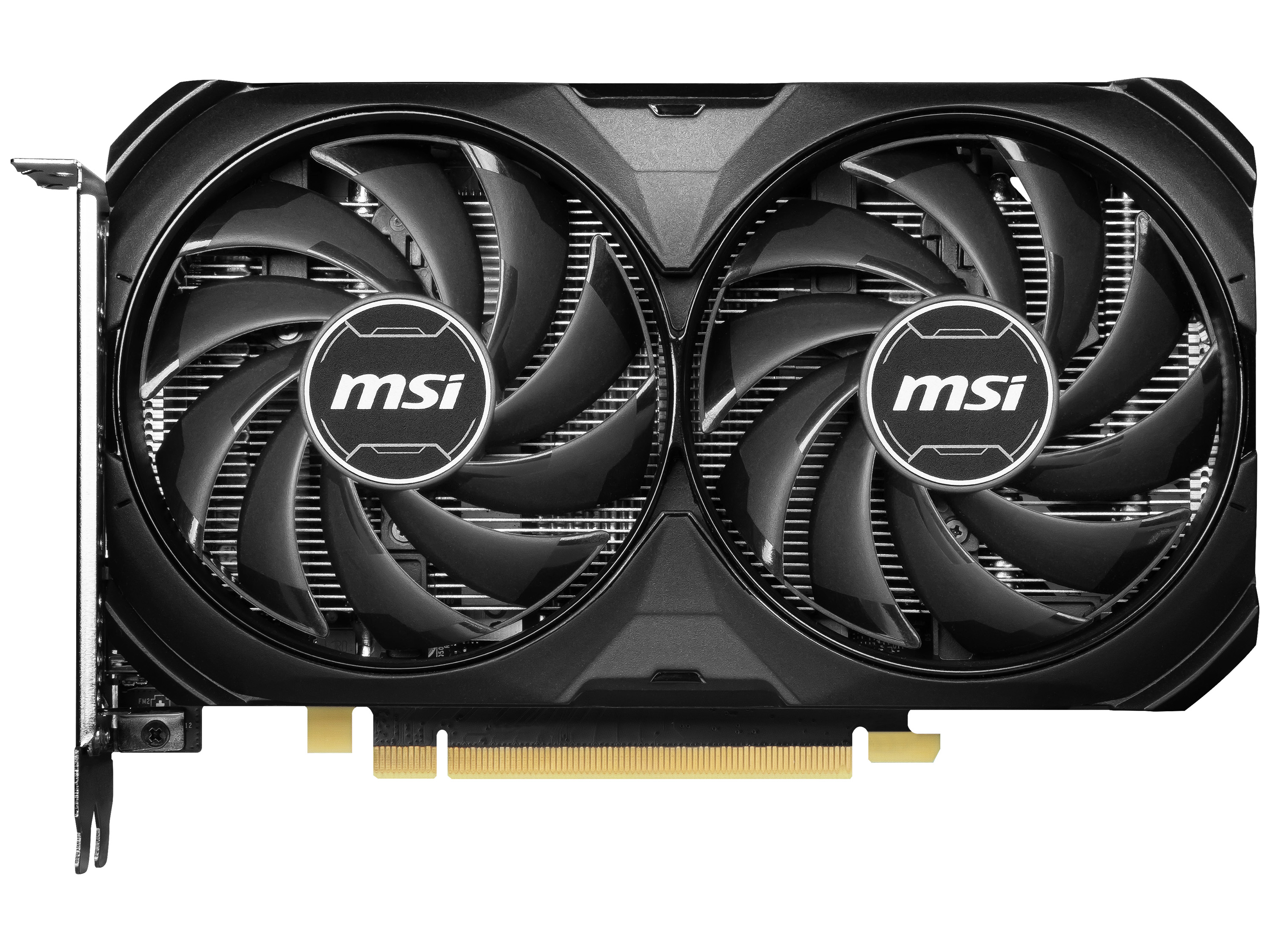 İki fanlı ve MSI logolu siyah bilgisayar grafik kartı.