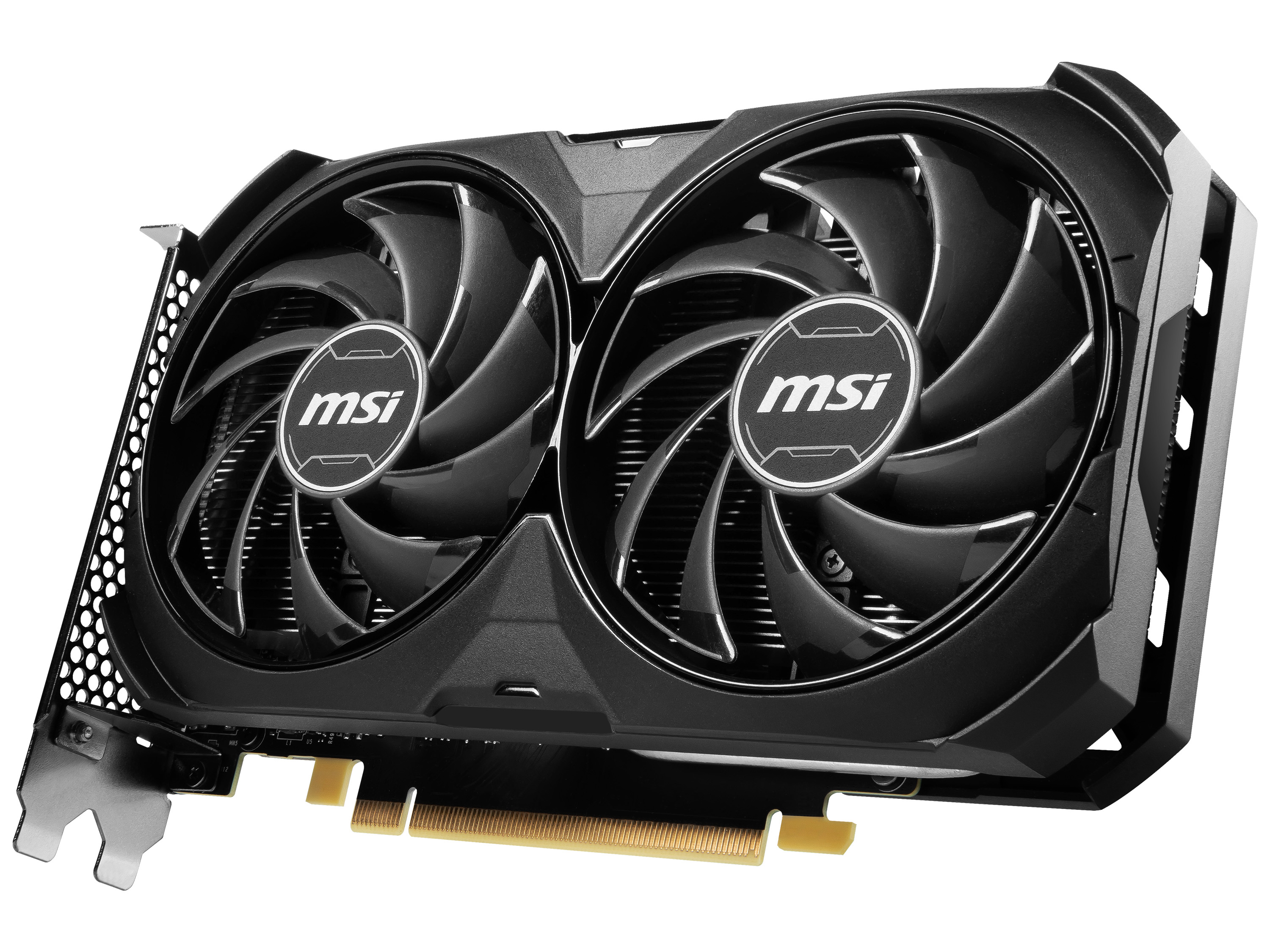 İki fanlı siyah bir MSI grafik kartı. Fanlarda MSI logoları var ve siyah bir muhafaza içindeler.