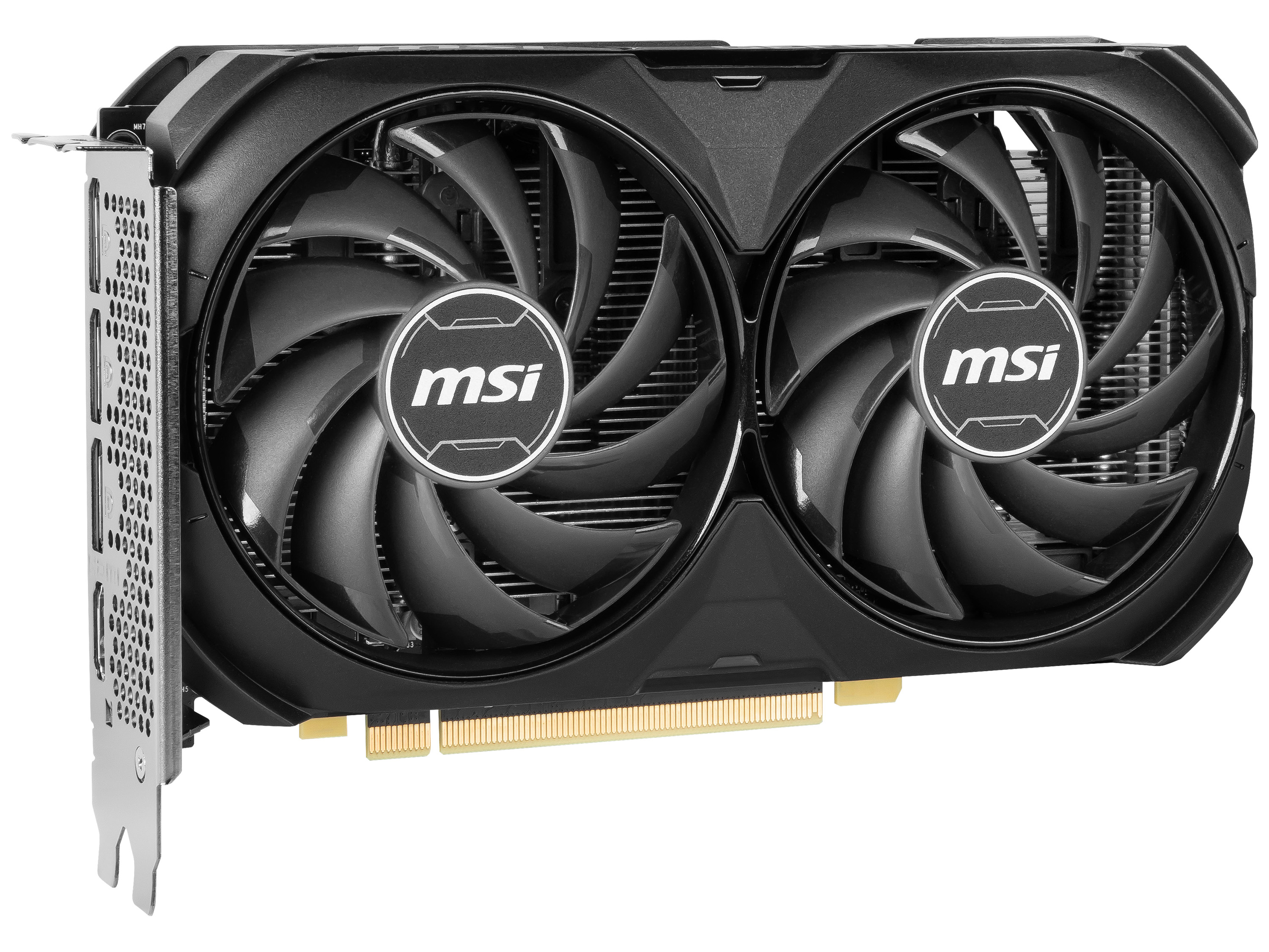 İki fanlı ve MSI logolu siyah bilgisayar grafik kartı.