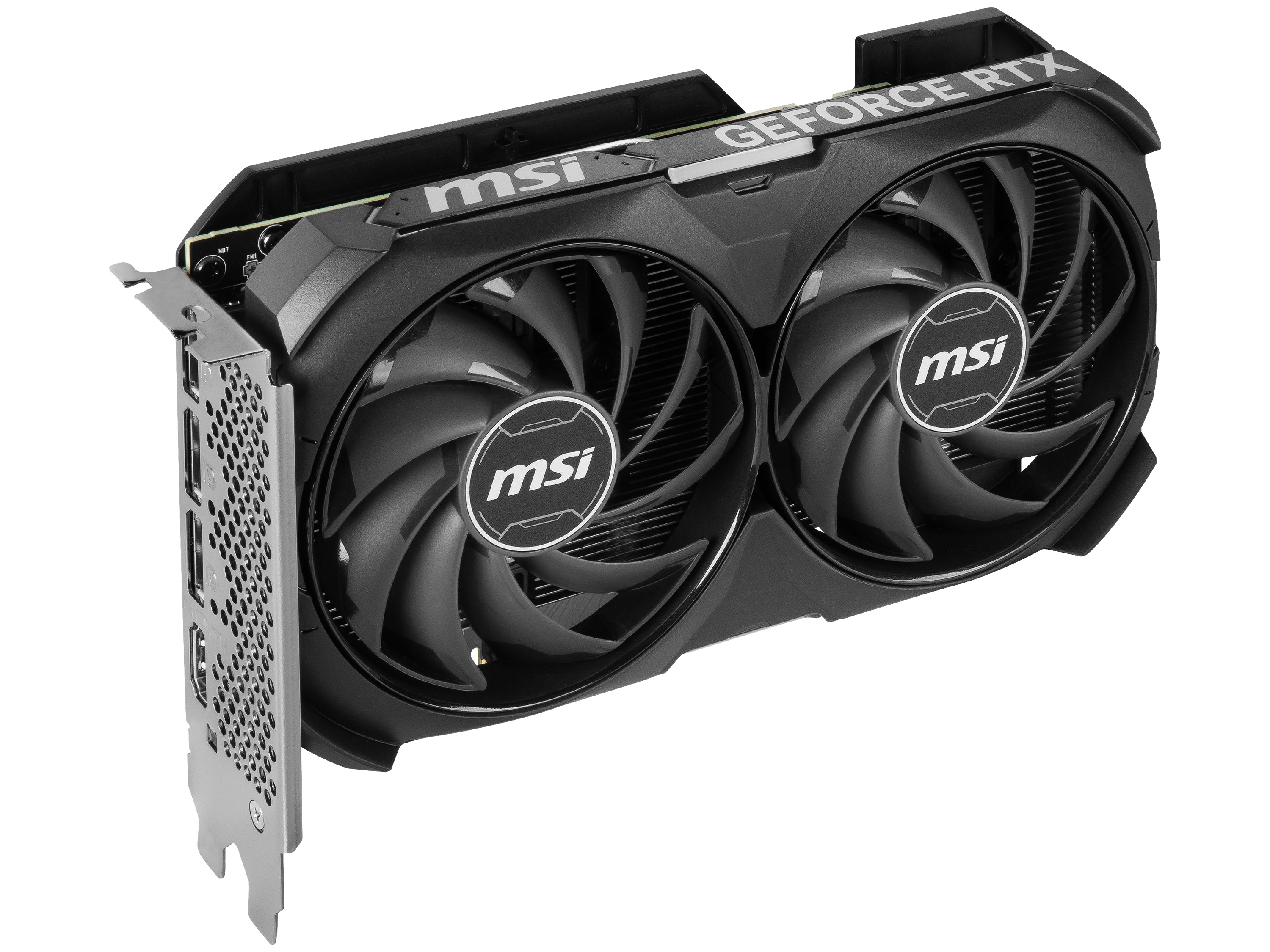 İki fanlı siyah bir MSI GeForce RTX grafik kartı. Beyaz zemin üzerinde.