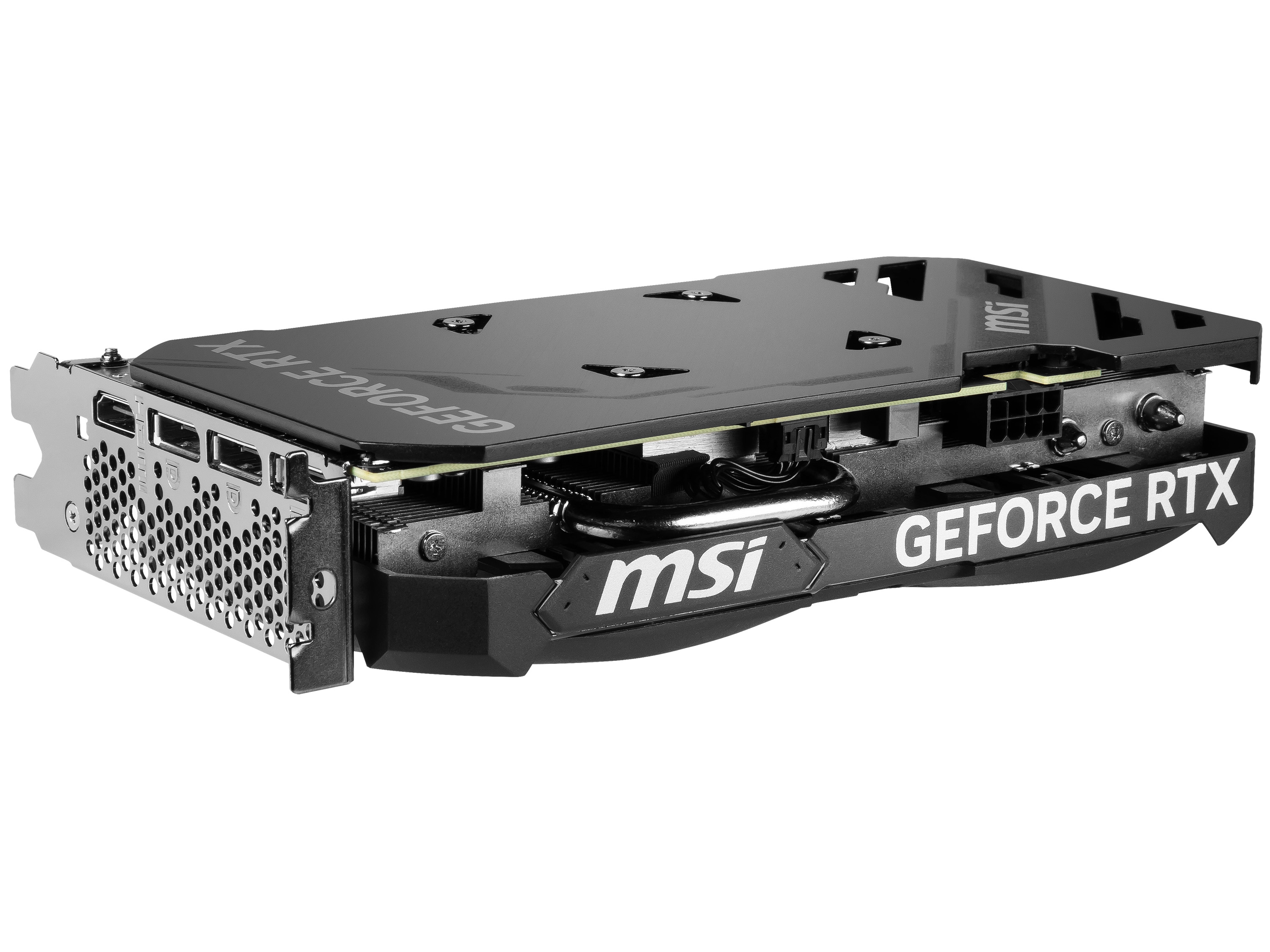 Siyah bir MSI GeForce RTX grafik kartı. Kartta çoklu bağlantı noktaları ve GeForce RTX metni görülüyor.
