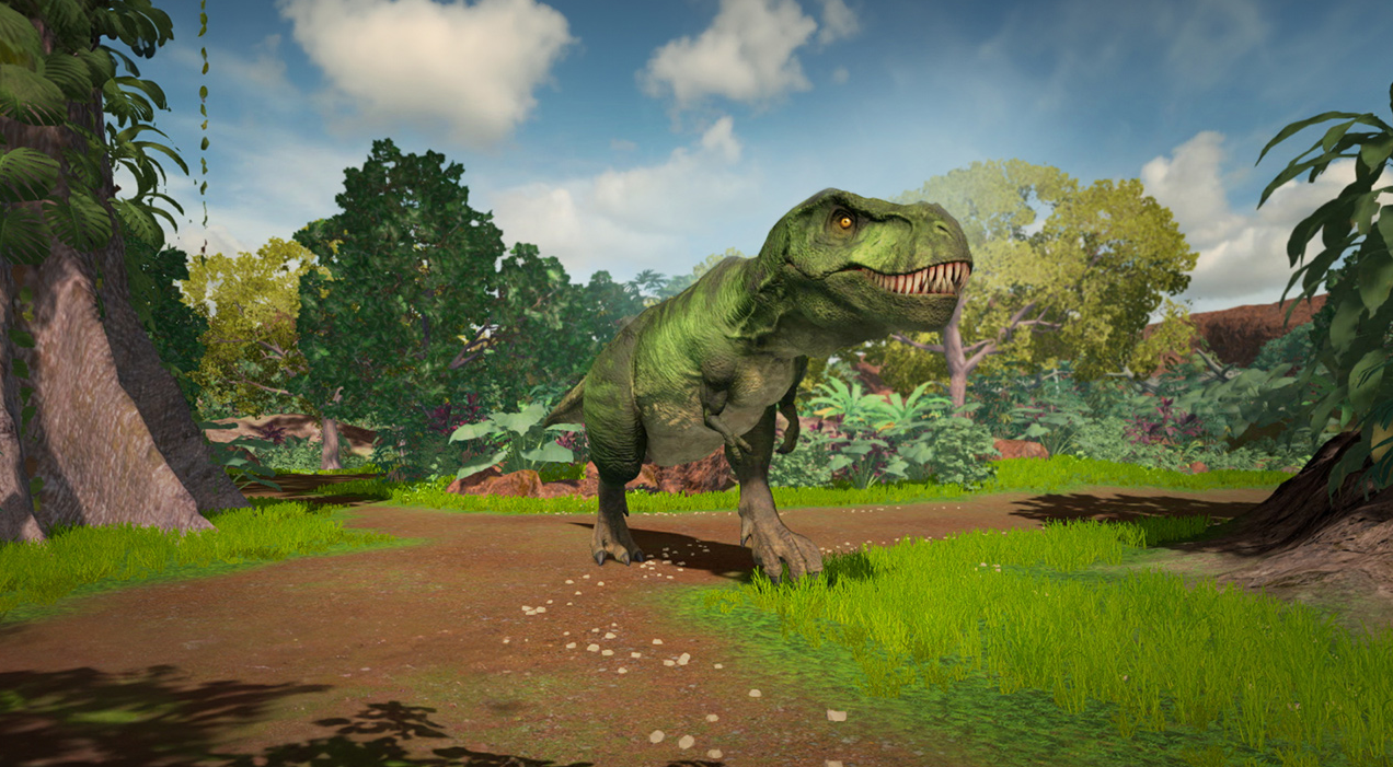 Ein grüner Tyrannosaurus Rex, der sich in einer Dschungelumgebung bewegt.