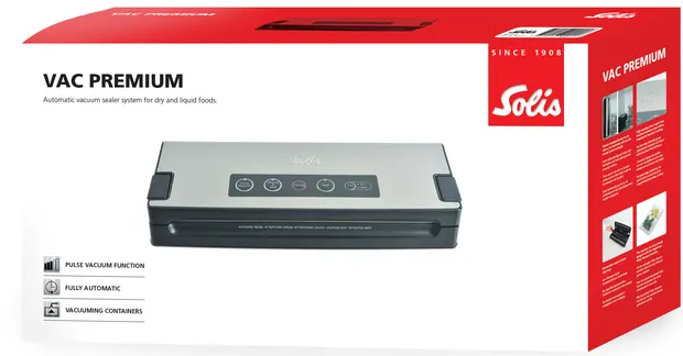 Ein Vakuumiergerät in seiner Box, mit dem Solis-Logo.