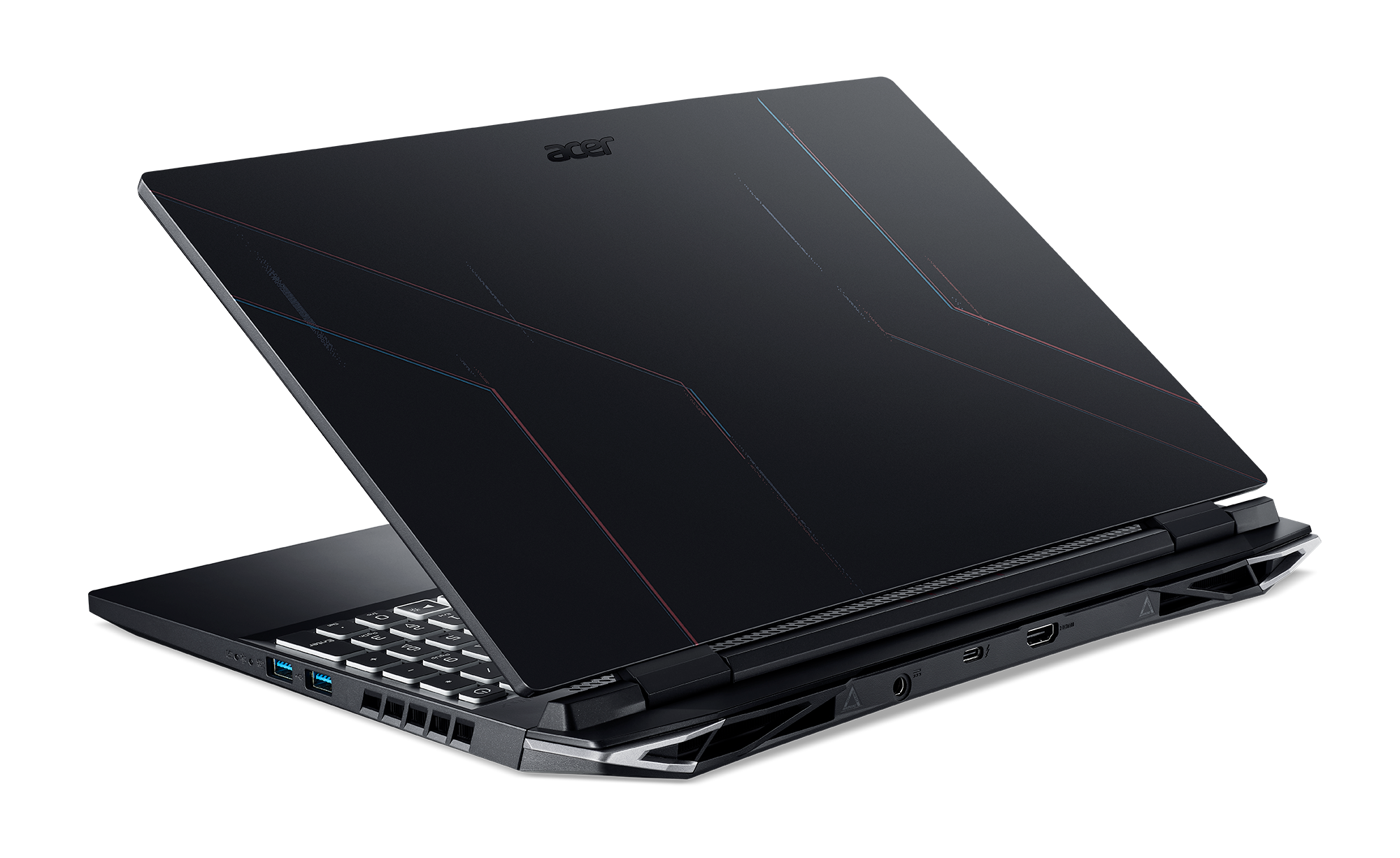 Portátil negro con un diseño detallado y vista del teclado.