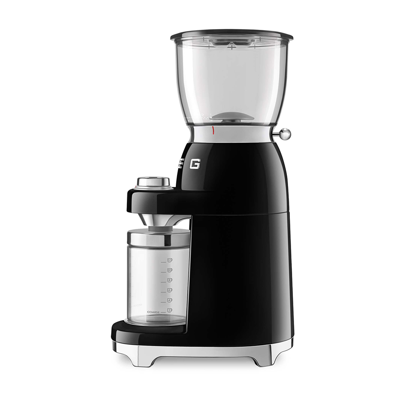 Un macinacaffè nero e argento. La parte superiore contiene i chicchi, la parte inferiore il caffè macinato.