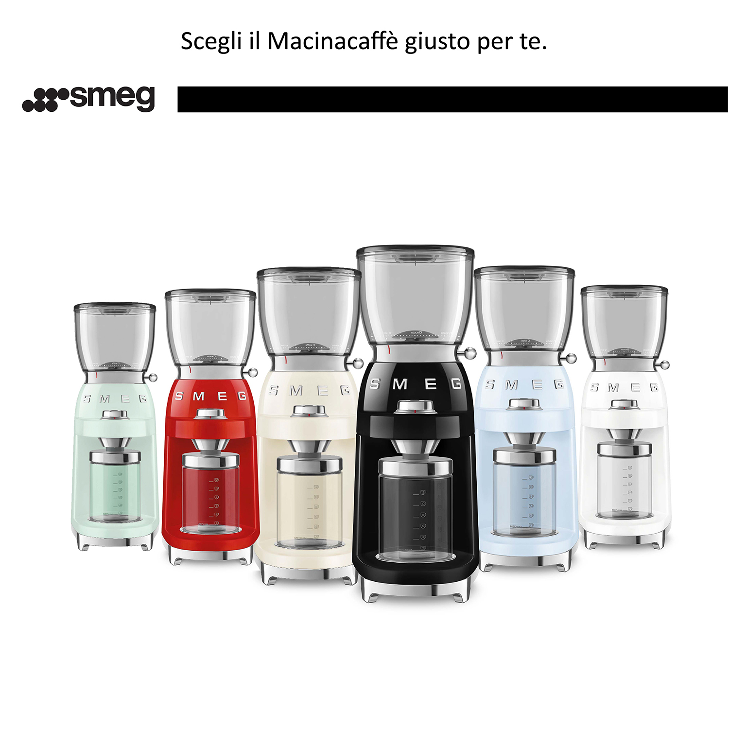 Una fila di macinacaffè Smeg in vari colori, con un logo Smeg.