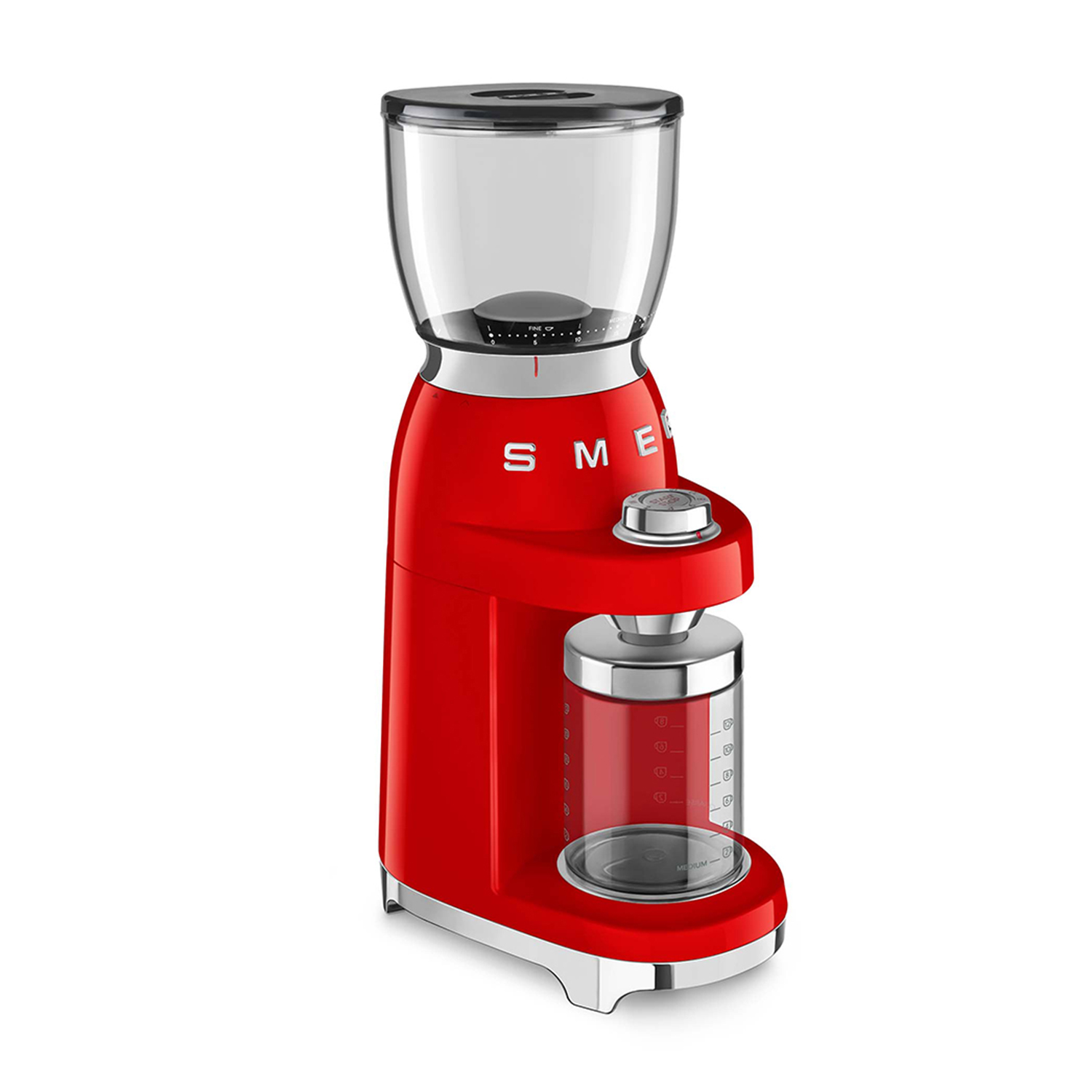 Macinacaffè SMEG rosso con contenitore trasparente per chicchi. Dettagli e base argentati.