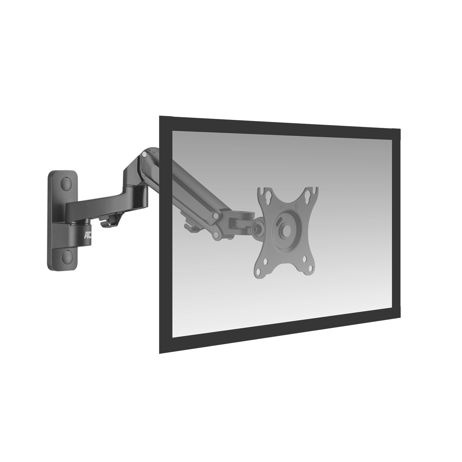 A black monitor arm attached to a wall, supporting a monitor.