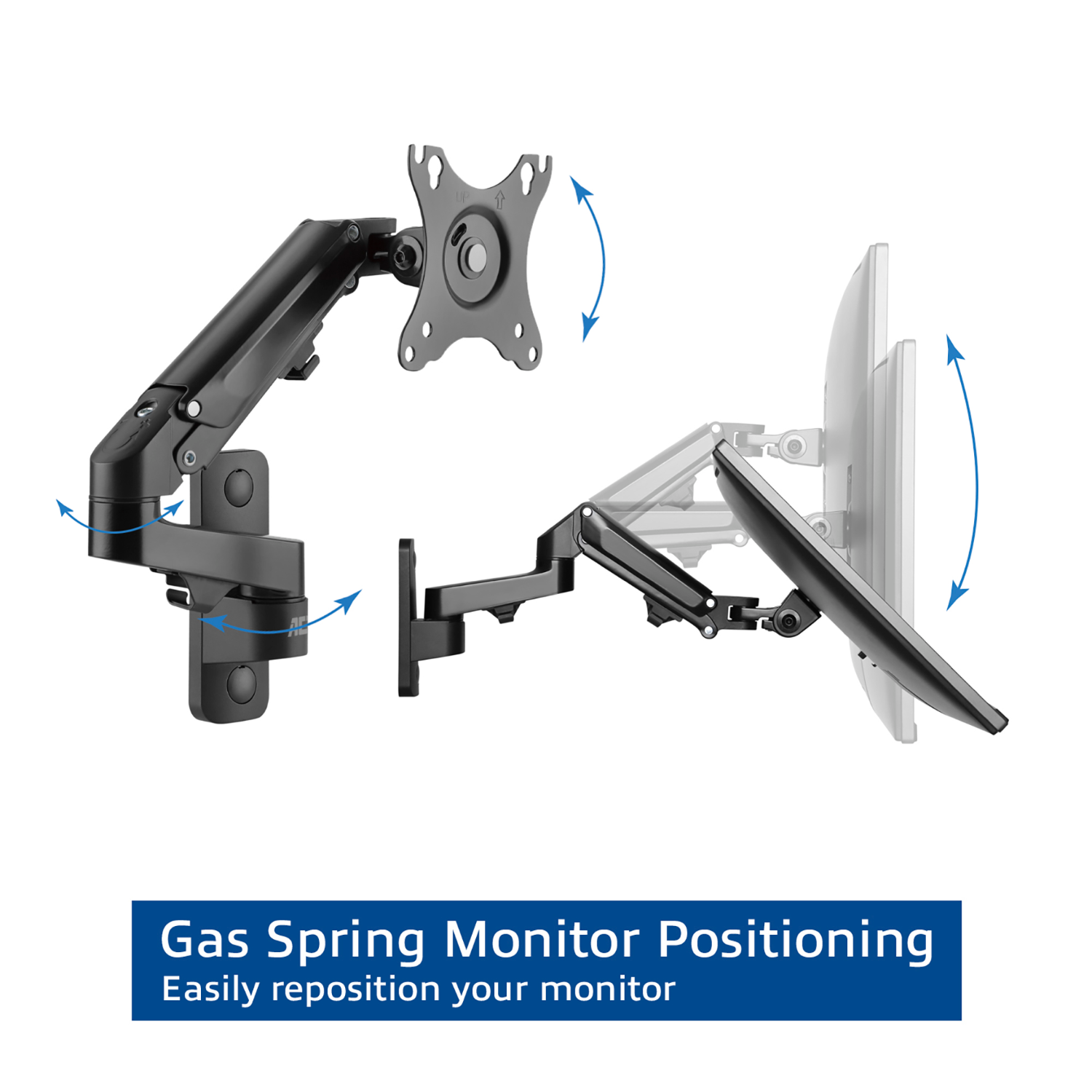 Black monitor arm. Arrows indicate adjustment movement. Text: Gas Spring Monitor Positioning.