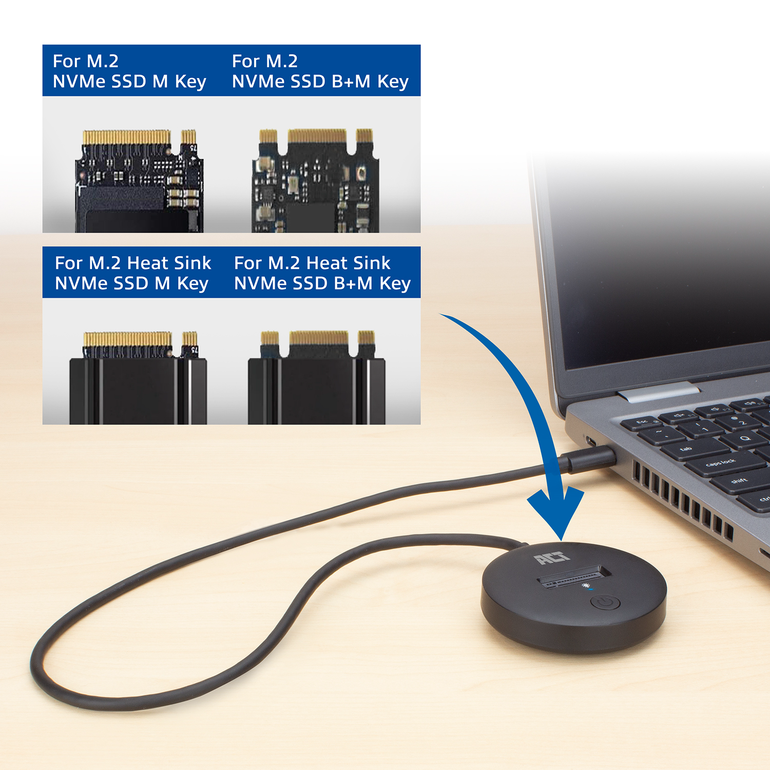 Laptop and M.2 SSD components. Diagrams show NVMe SSDs and heat sinks, connected.