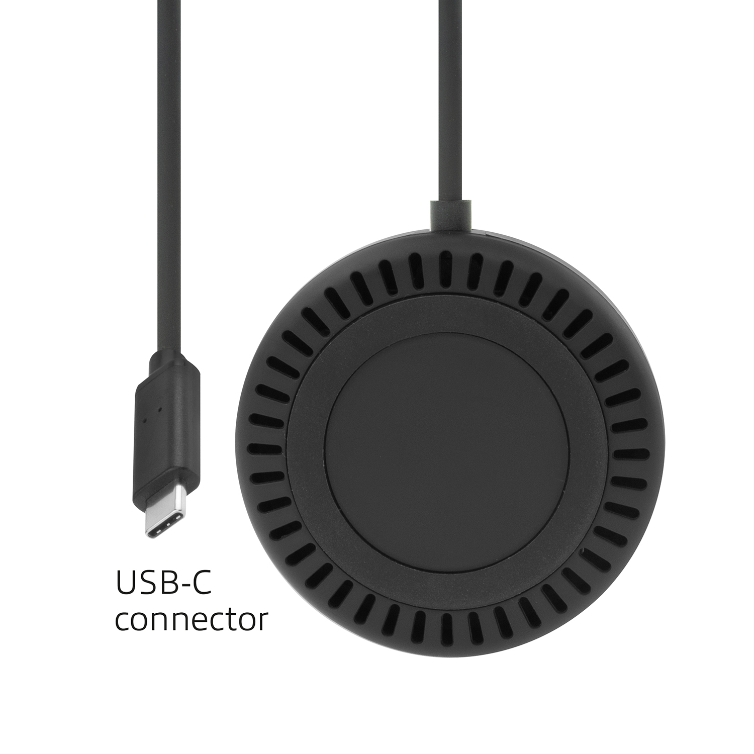 Black USB-C connector on a white background. The connector is round, with the port on the side.