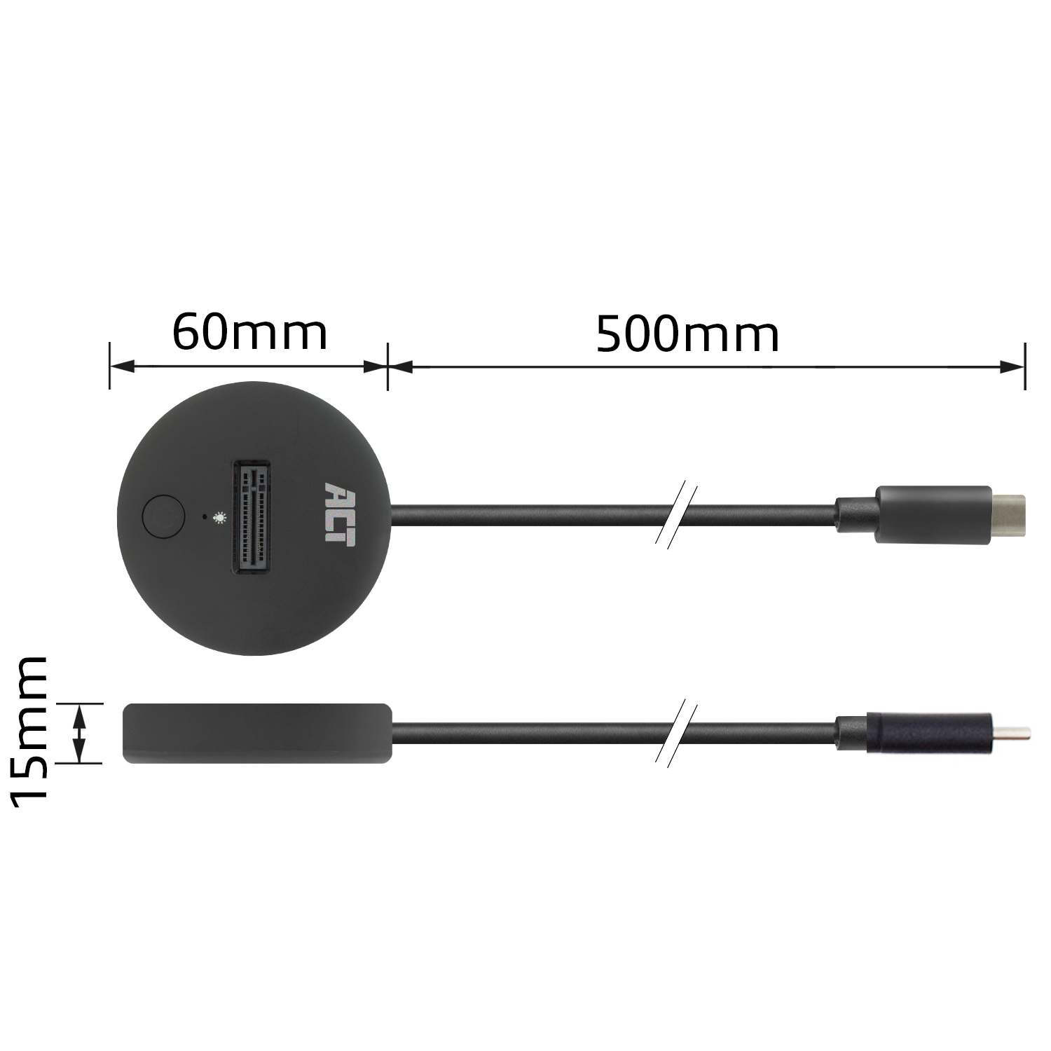 Black USB hub with dimensions labeled.