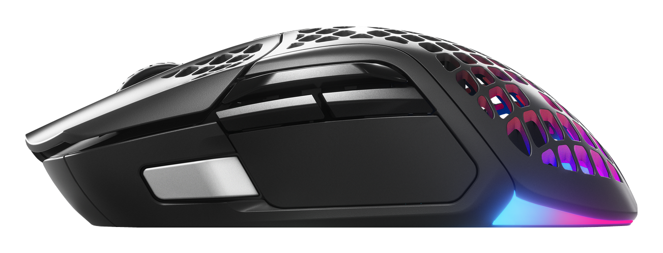 Schwarze Gaming-Maus. Bietet ein Wabenmuster und RGB-Beleuchtung.