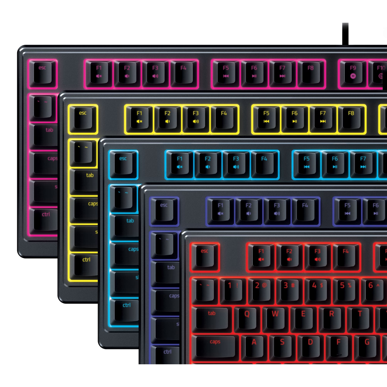 Drie RGB-toetsenborden met verschillende kleurenschema's: roze, geel en blauw. Zwarte toetsen.