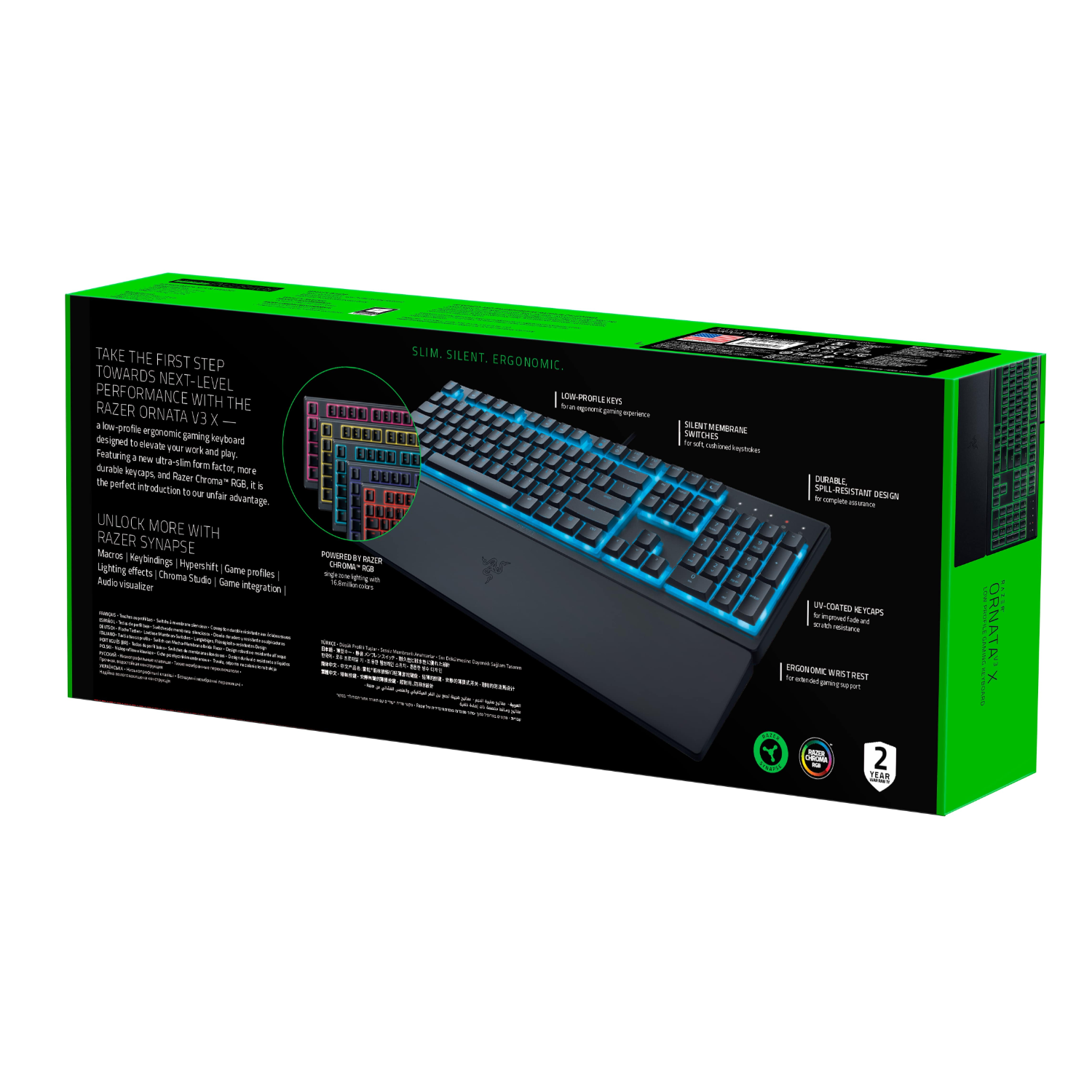 Razer Ornata V3 X toetsenborddoos. Zwart toetsenbord met RGB-verlichting. Tekst en afbeeldingen op de doos.