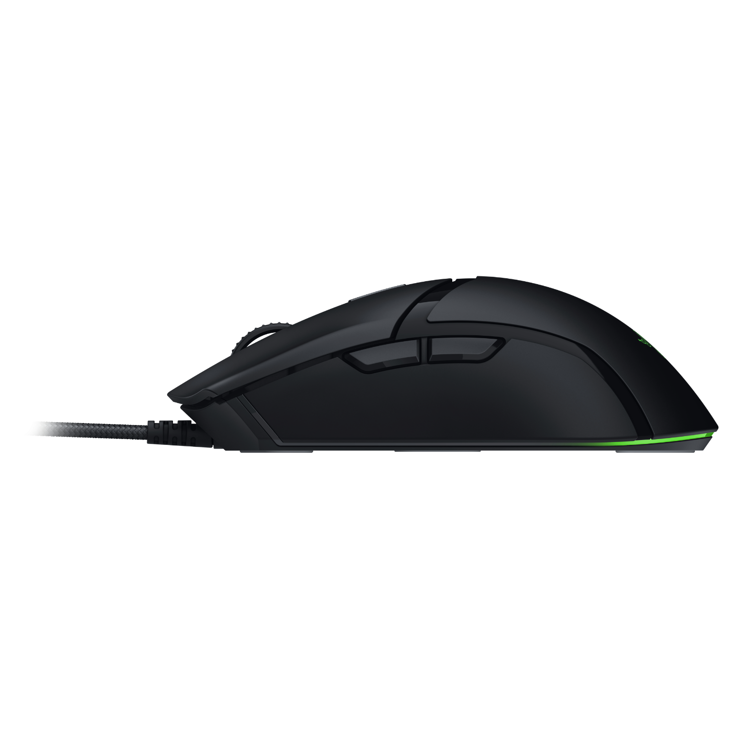 Een zwarte gamingmuis met een kabel.