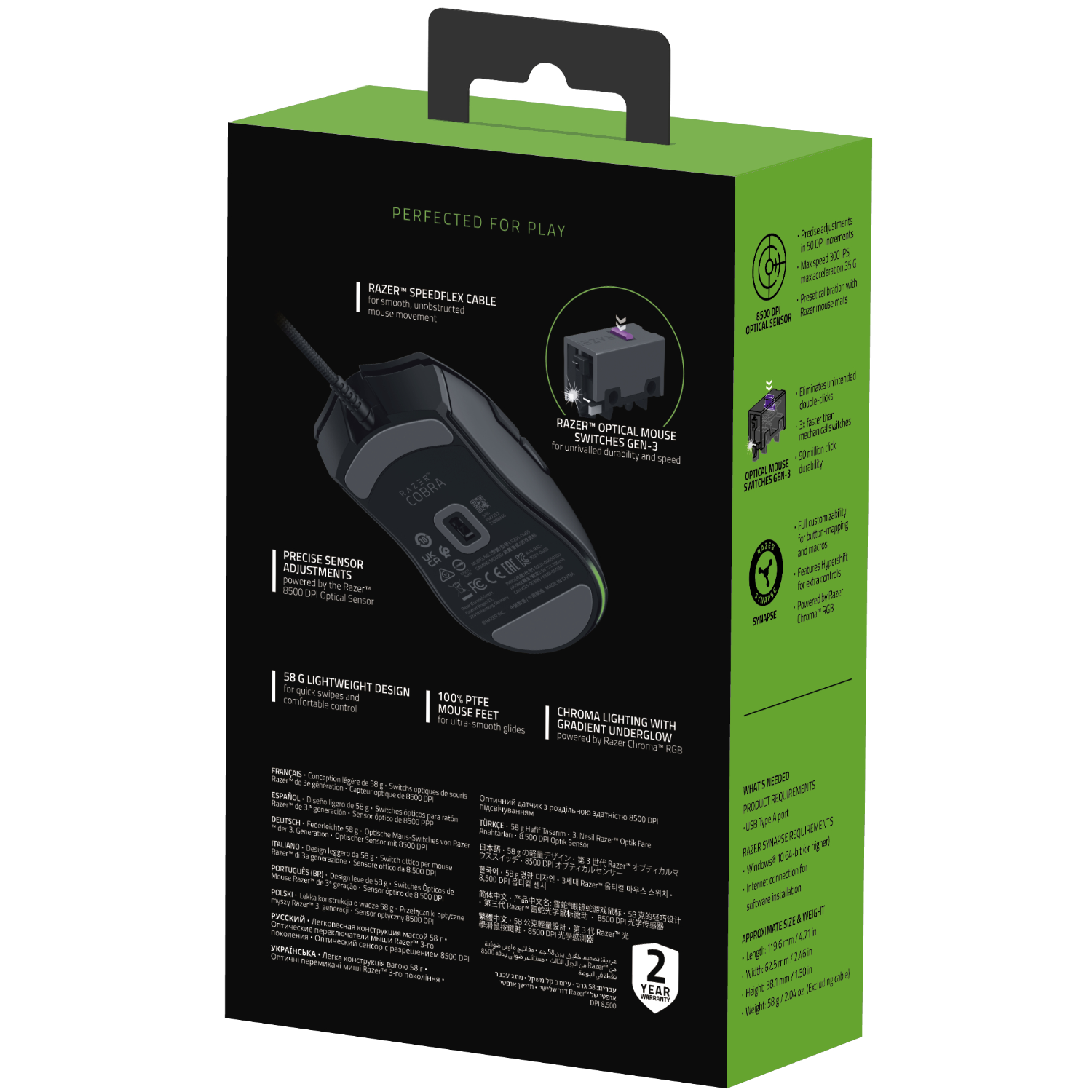 Een Razer Cobra muisdoos, met tekst en afbeeldingen die de functies en het ontwerp beschrijven.
