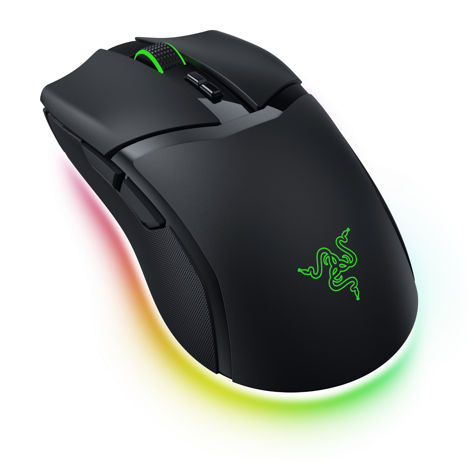 Een zwarte Razer gaming muis met een groen logo en een kleurrijk RGB-licht.