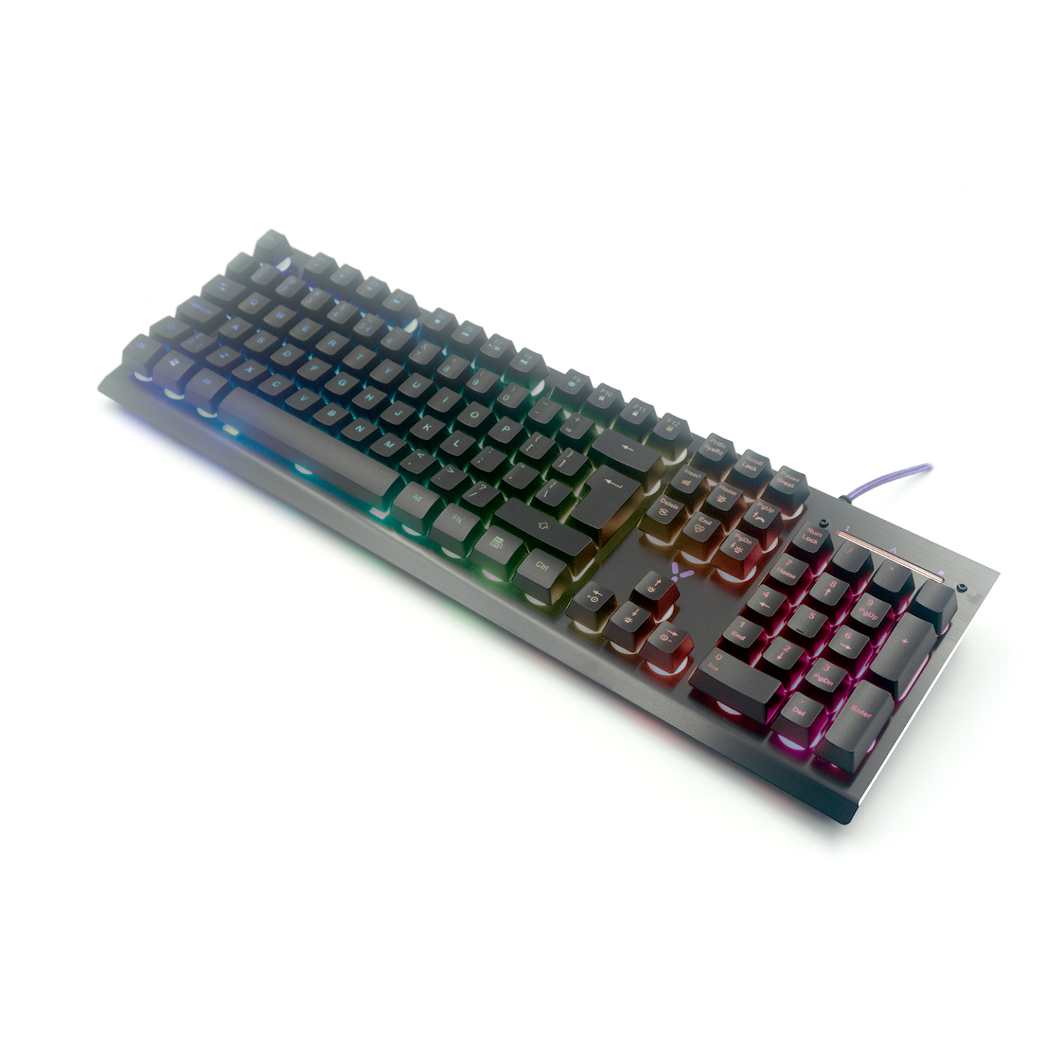 Black keyboard with rainbow lighting. Keys are black, with a metallic frame.