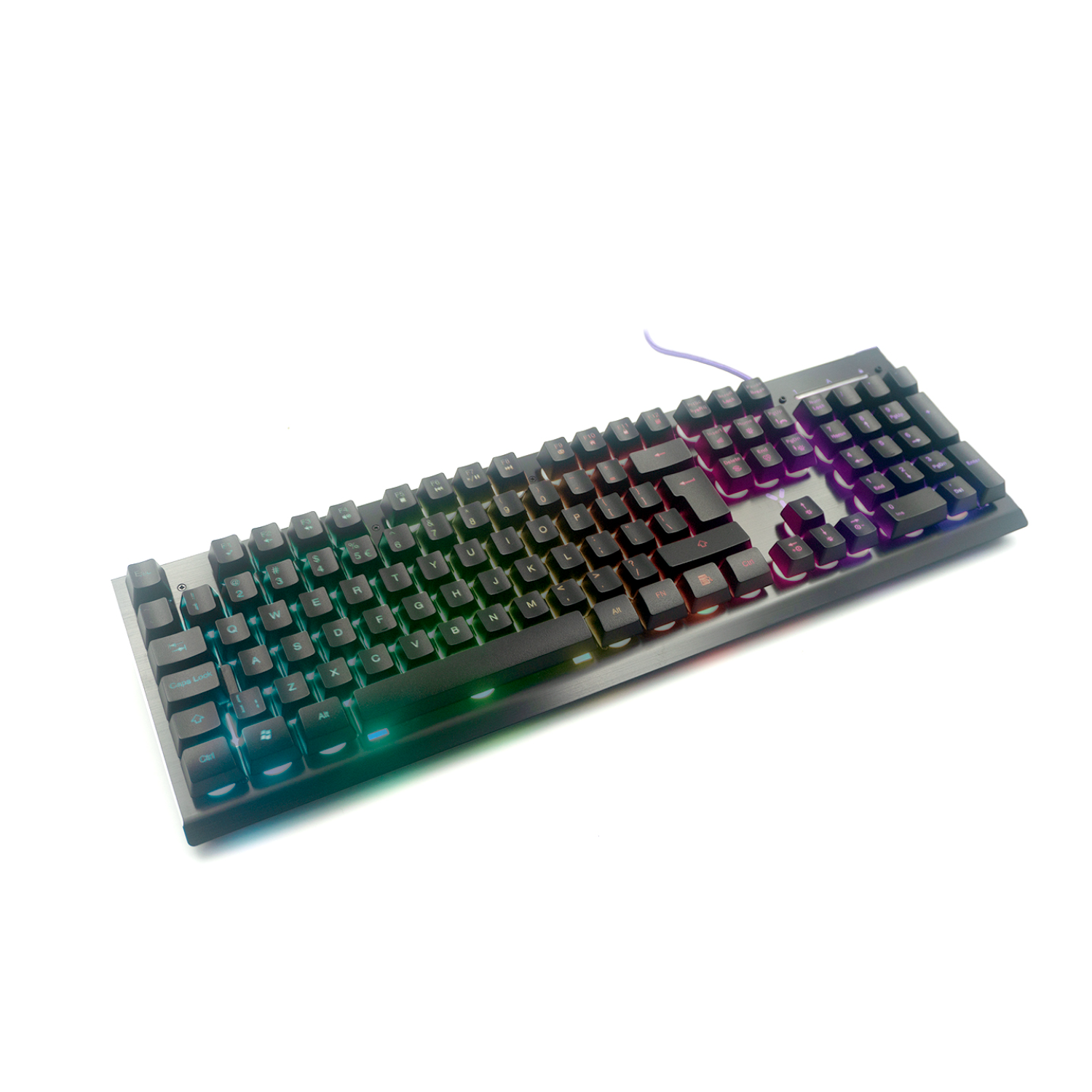 Black gaming keyboard, RGB lighting, white background.