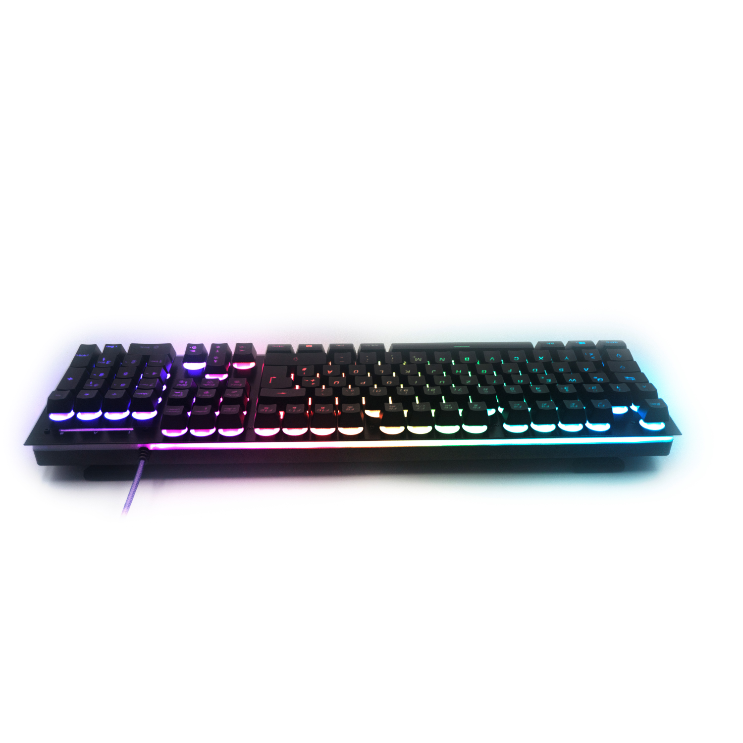 Black keyboard with RGB lights. The keys have colorful lights. White background.