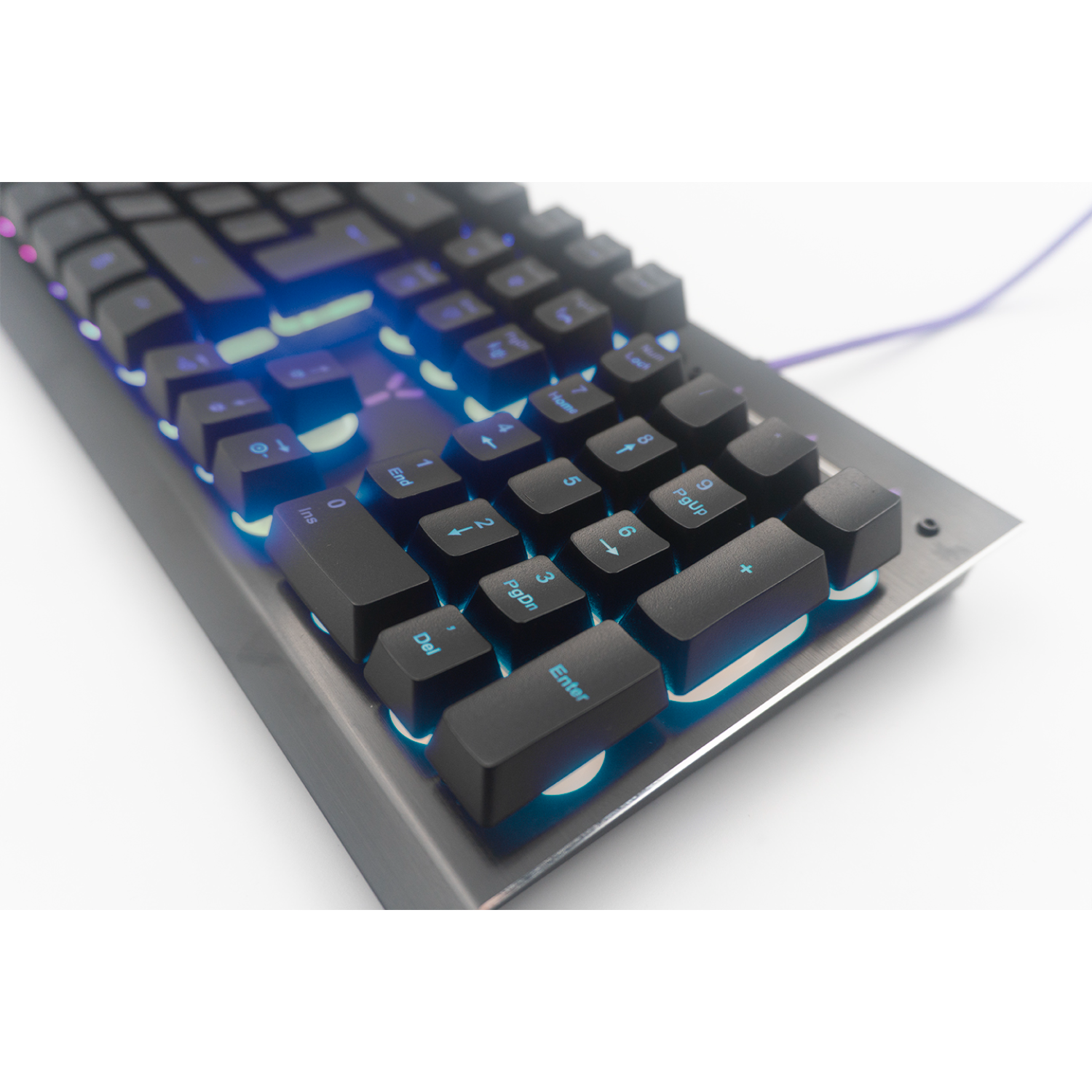 Gaming keyboard with blue illuminated keys. The enter key is prominent.