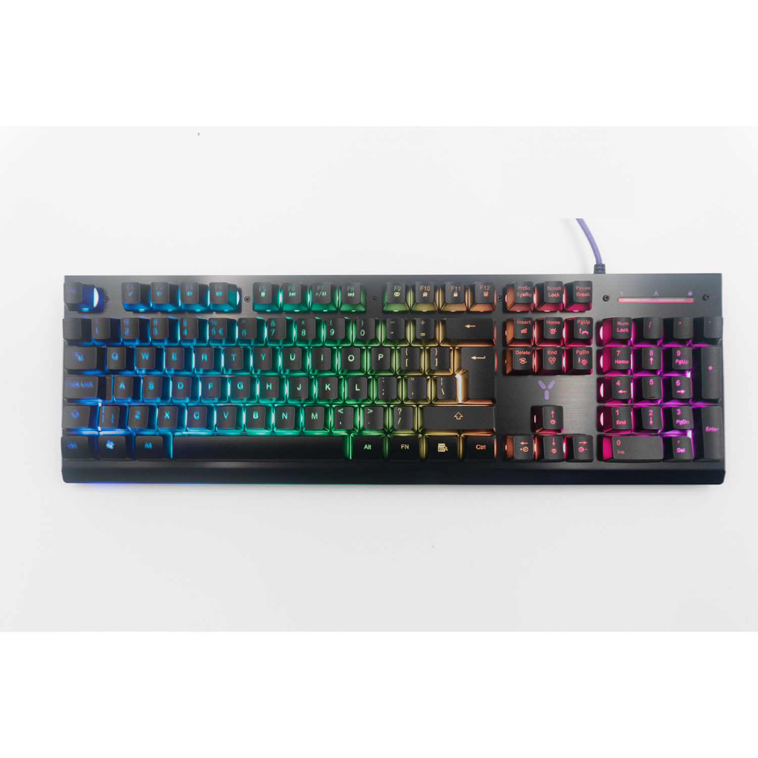 A black gaming keyboard. Colorful lights. Black buttons. 