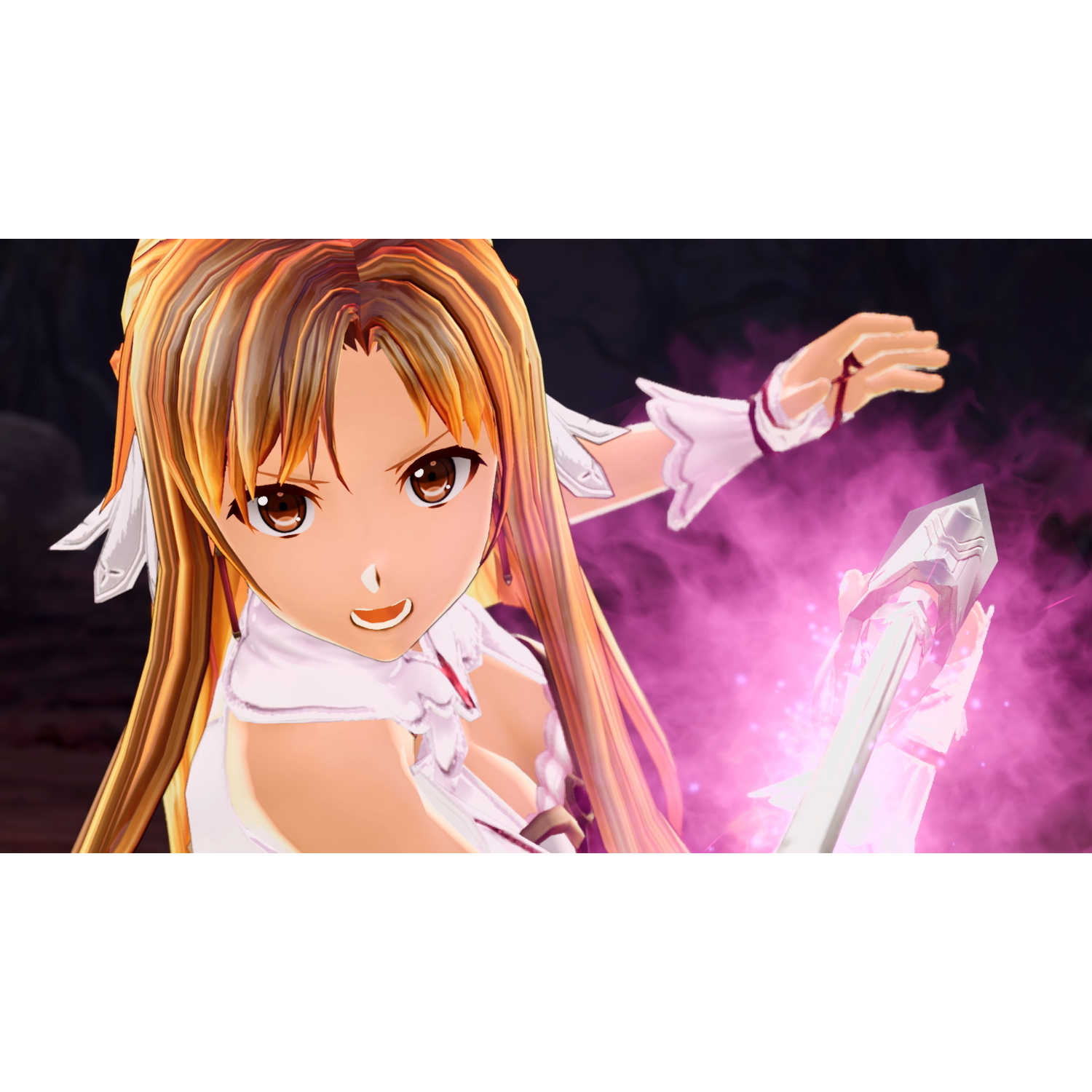 Een close-up van een anime-vrouwelijk personage met een zwaard en roze energie.