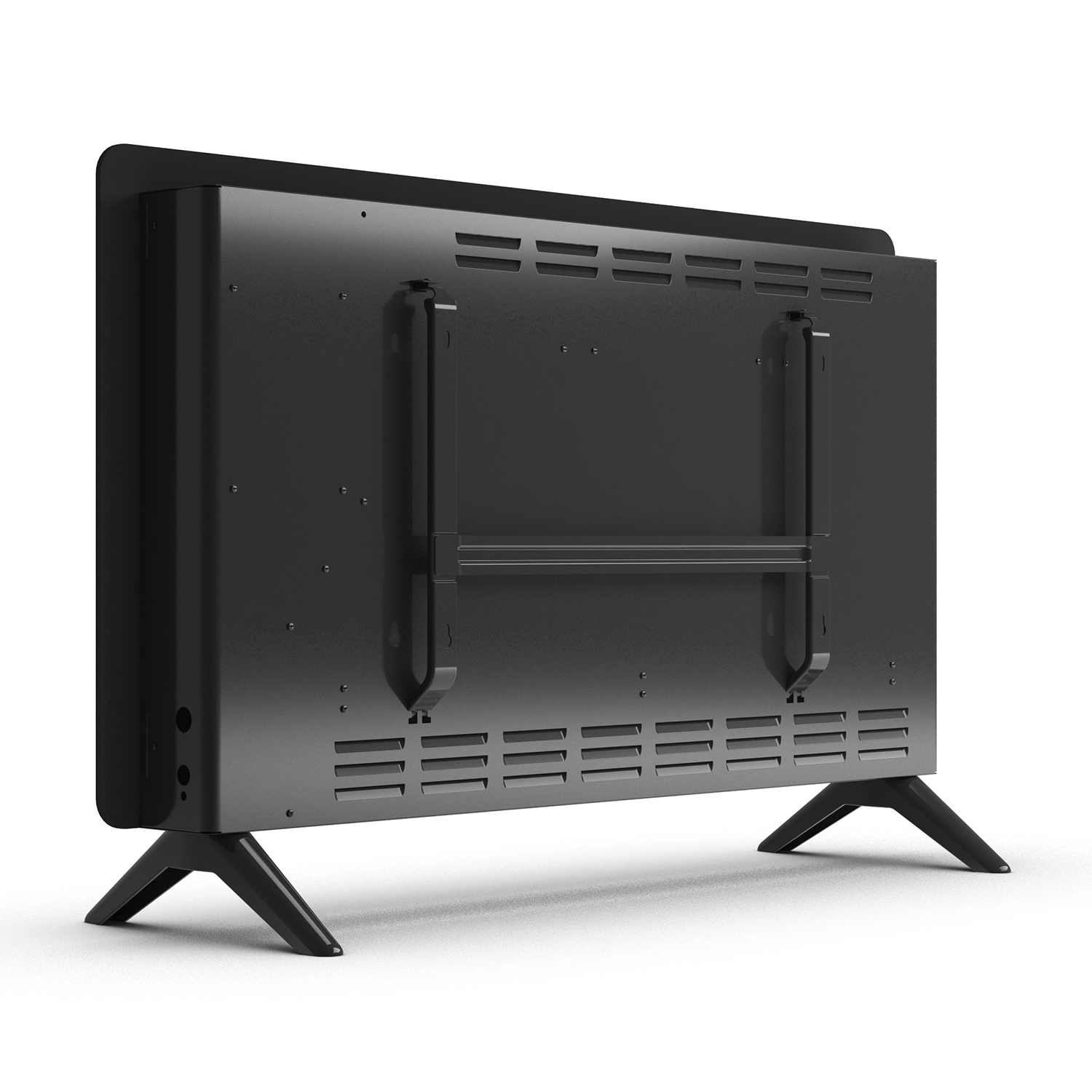 Retro di una TV nera. Mostra il supporto, le viti e i fori di ventilazione.